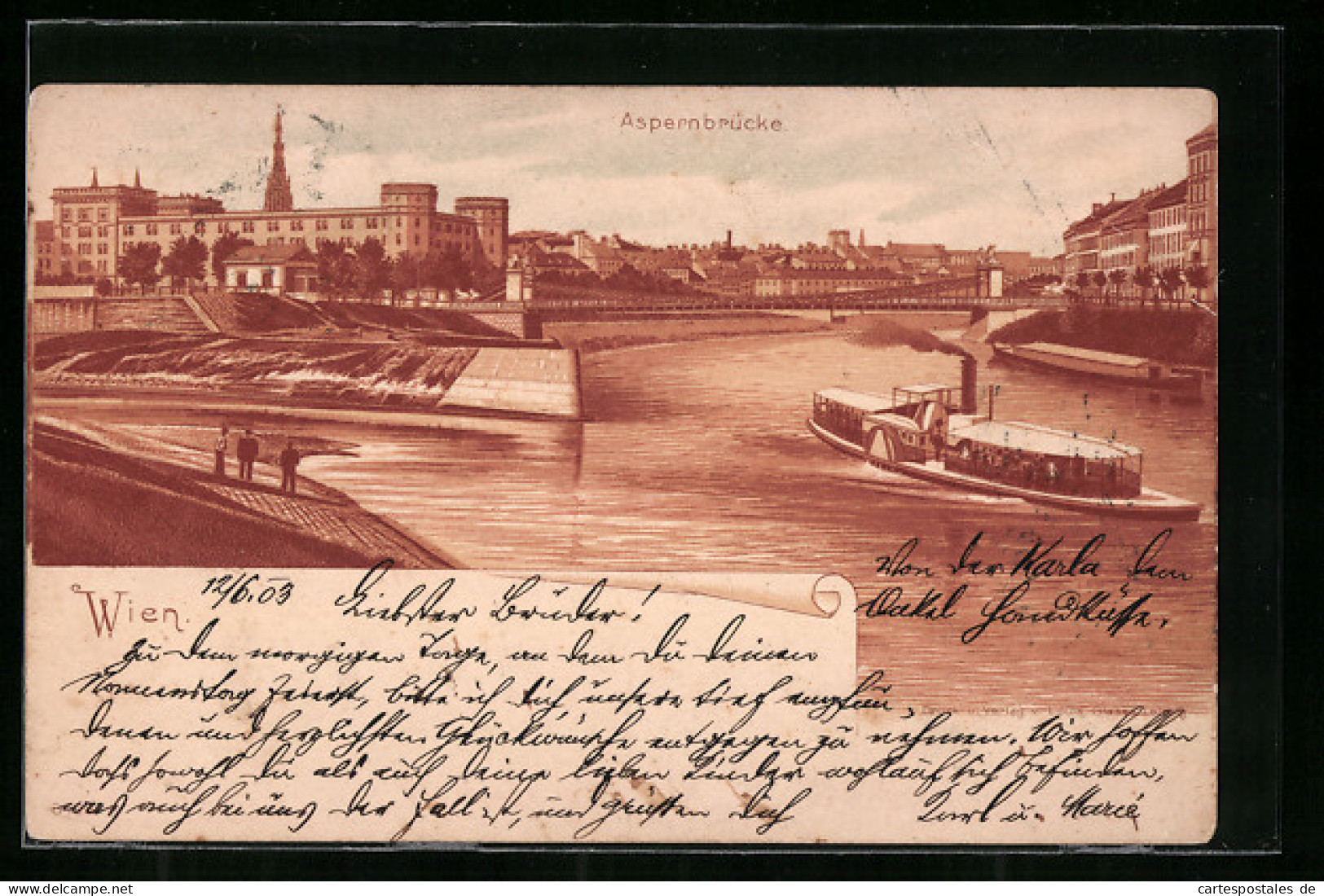 Lithographie Wien, Aspernbrücke Mit Dampfer  - Autres & Non Classés