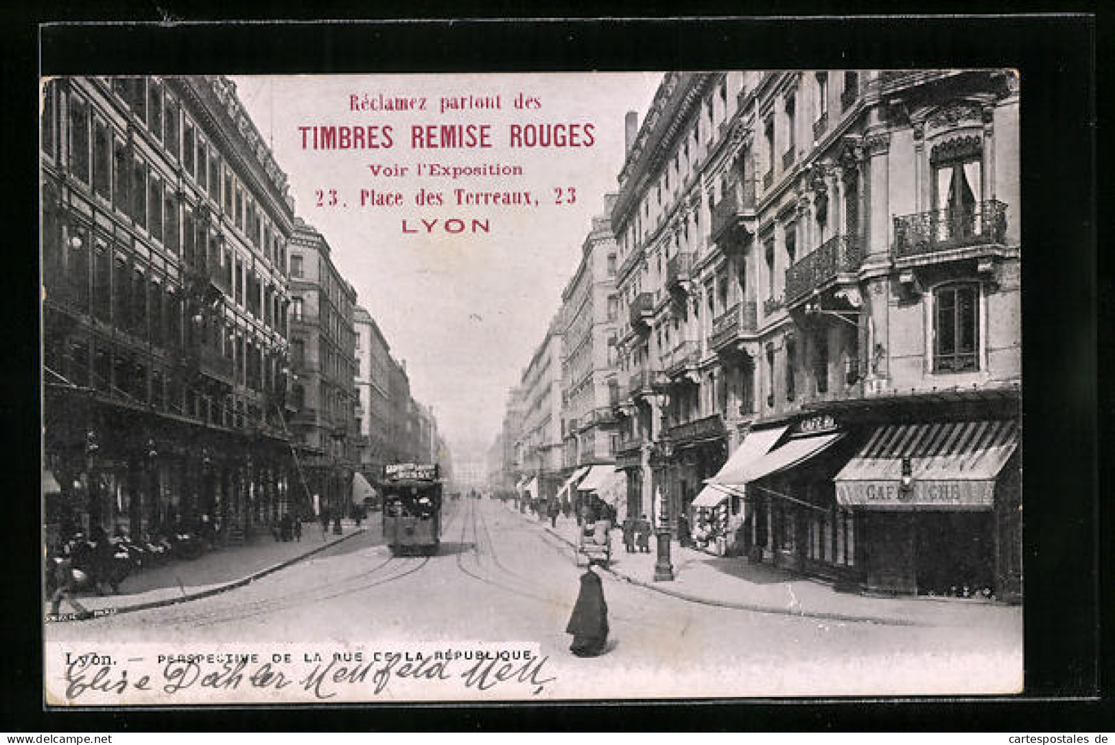 AK Lyon, Timbres Remise Rouges, Place De Terreaux 23, Strassenbahn  - Tranvía