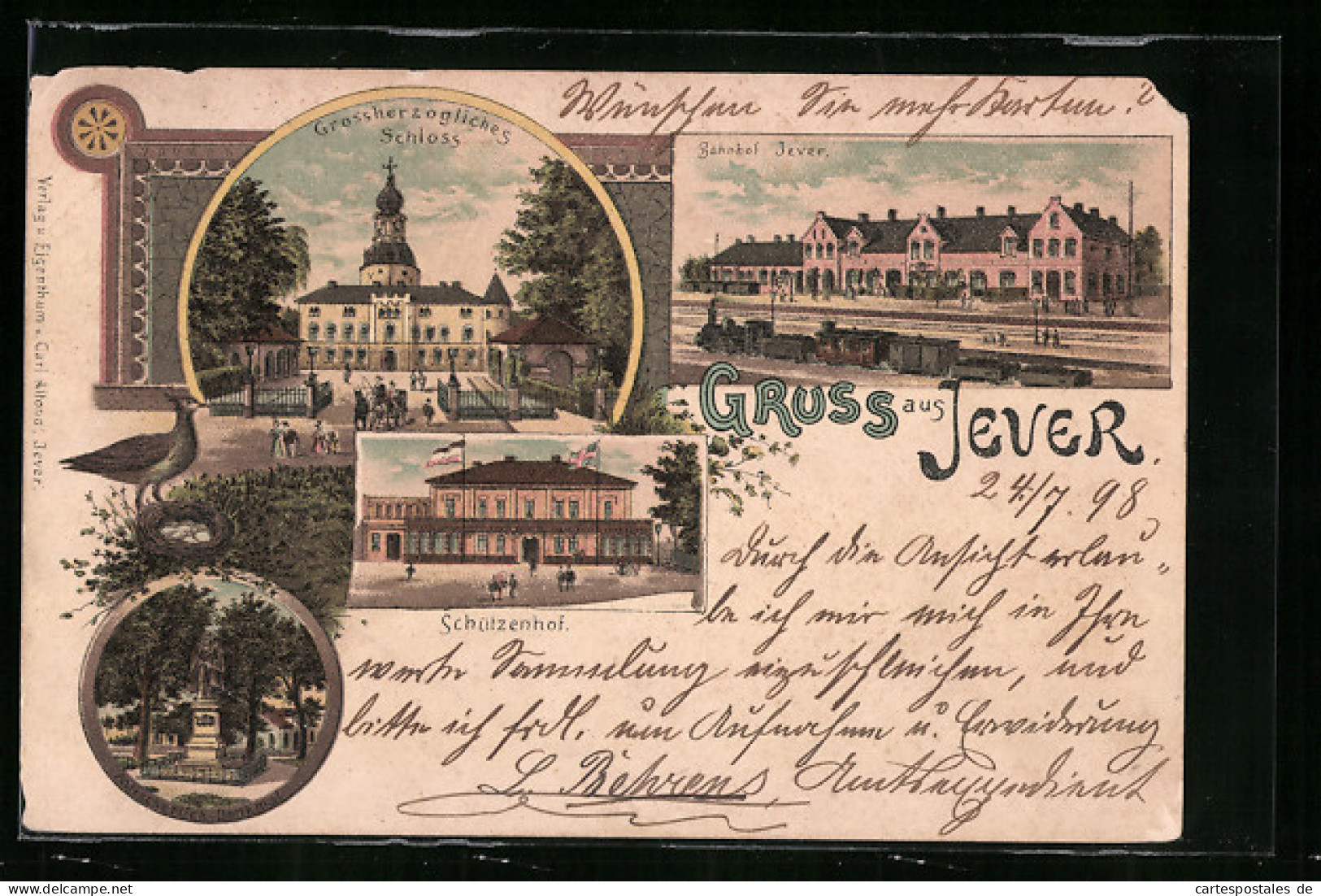 Lithographie Jever, Bahnhof, Grossherzogliches Schloss, Schützenhof  - Jever