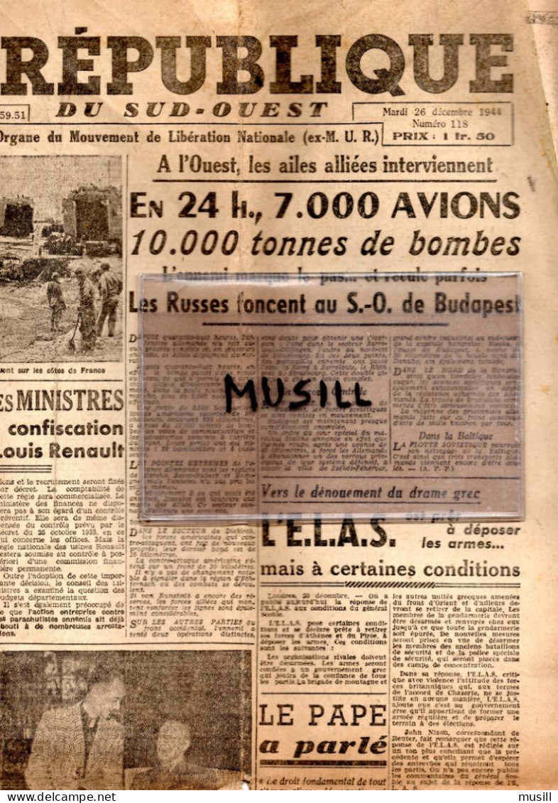 La République Du Sud-Ouest. Mouvement De Libération Nationale (ex-M.U.R.). 26 Décembre 1944 - 1939-45