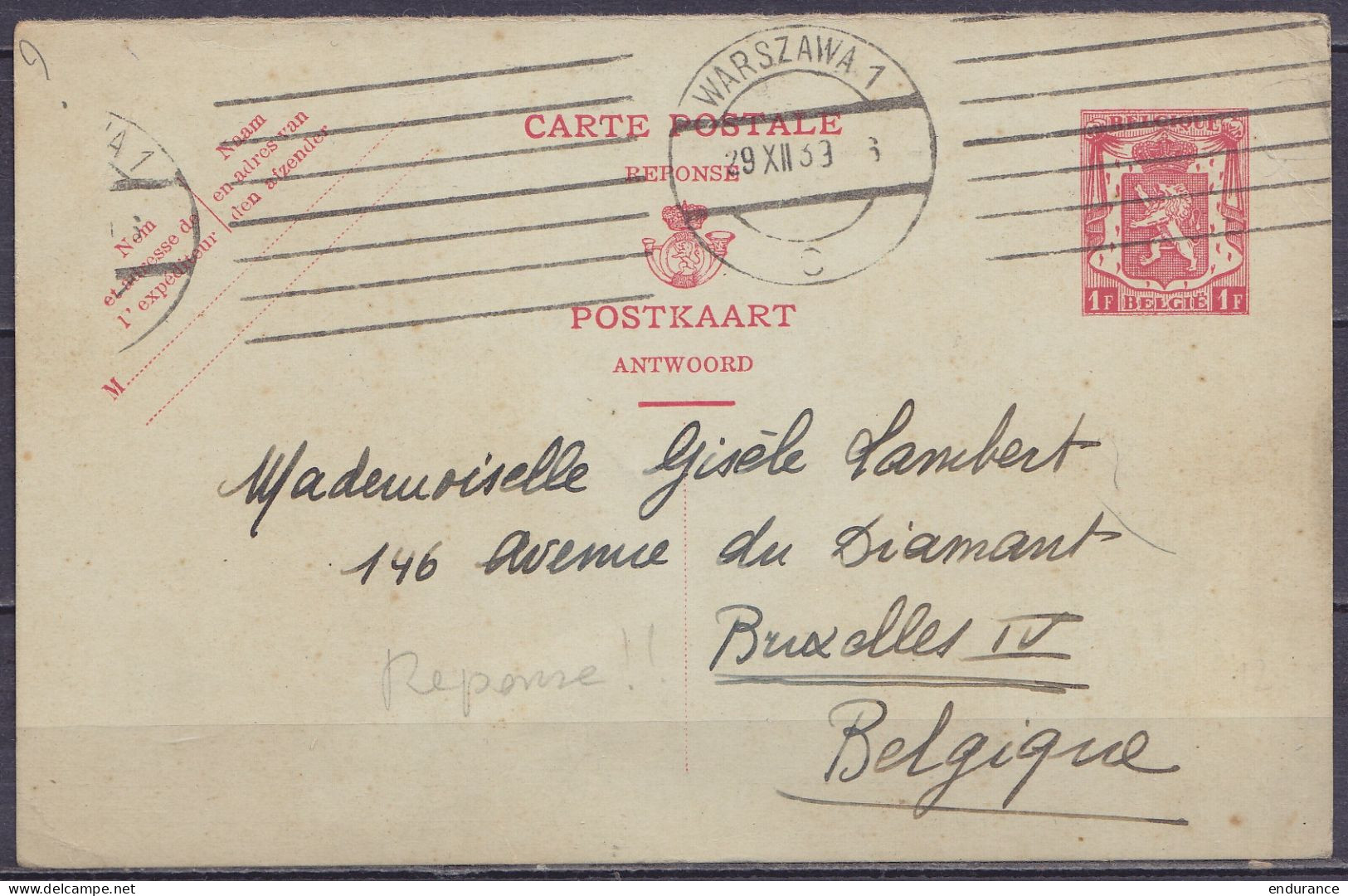 EP CP 1F Rouge (Petit Sceau De L'Etat) Partie "Réponse" Flam. WARSZAWA /29 IIX 1939 Pour BRUXELLES IV - Cartes Postales 1934-1951