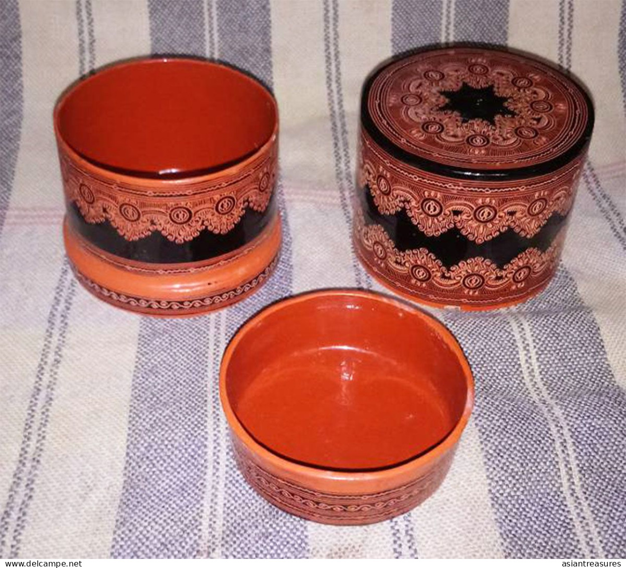 Newer Burma  regular 3-piece hand-painted, hand etched Betel box intricate work ca 1970