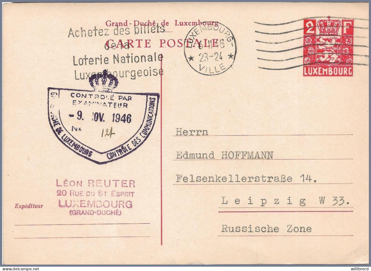 LUXEMBOURG 1946 CENSOR - 2F UPU Arms Postal Card To Germany - Entiers Postaux