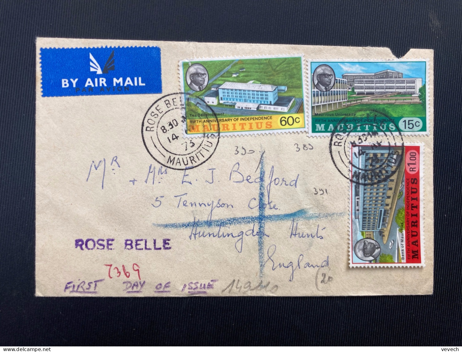 LETTRE Par Avion Pour ANGLETERRE TP BANK R1.00 + UNIVERSITY 15c + INDEPENDENCE 60c OBL.14 AP 73 ROSE BELLE + Griffe ROSE - Maurice (1968-...)