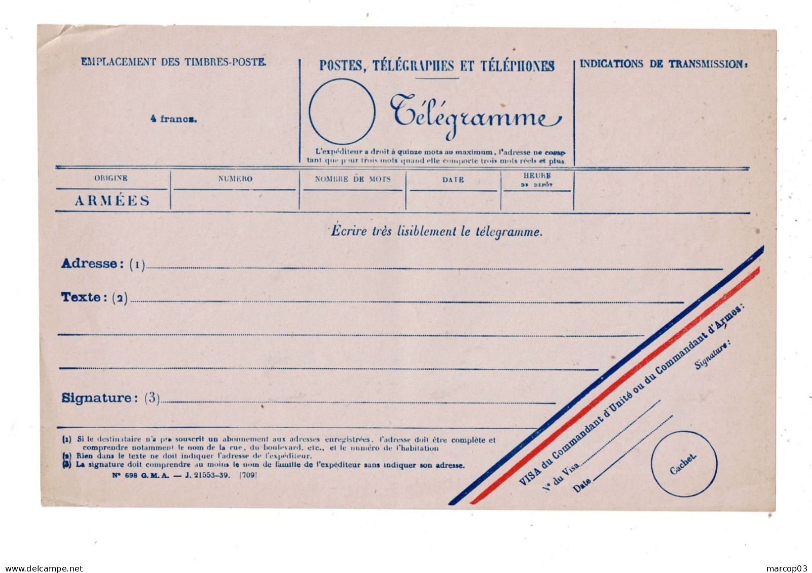 Formule Neuve De Dépôt Télégramme 1939 Spécifique Pour Les Militaires Avec Taxe Fixe De 4 Francs (petits Plis) TTB - Telegraphie Und Telefon