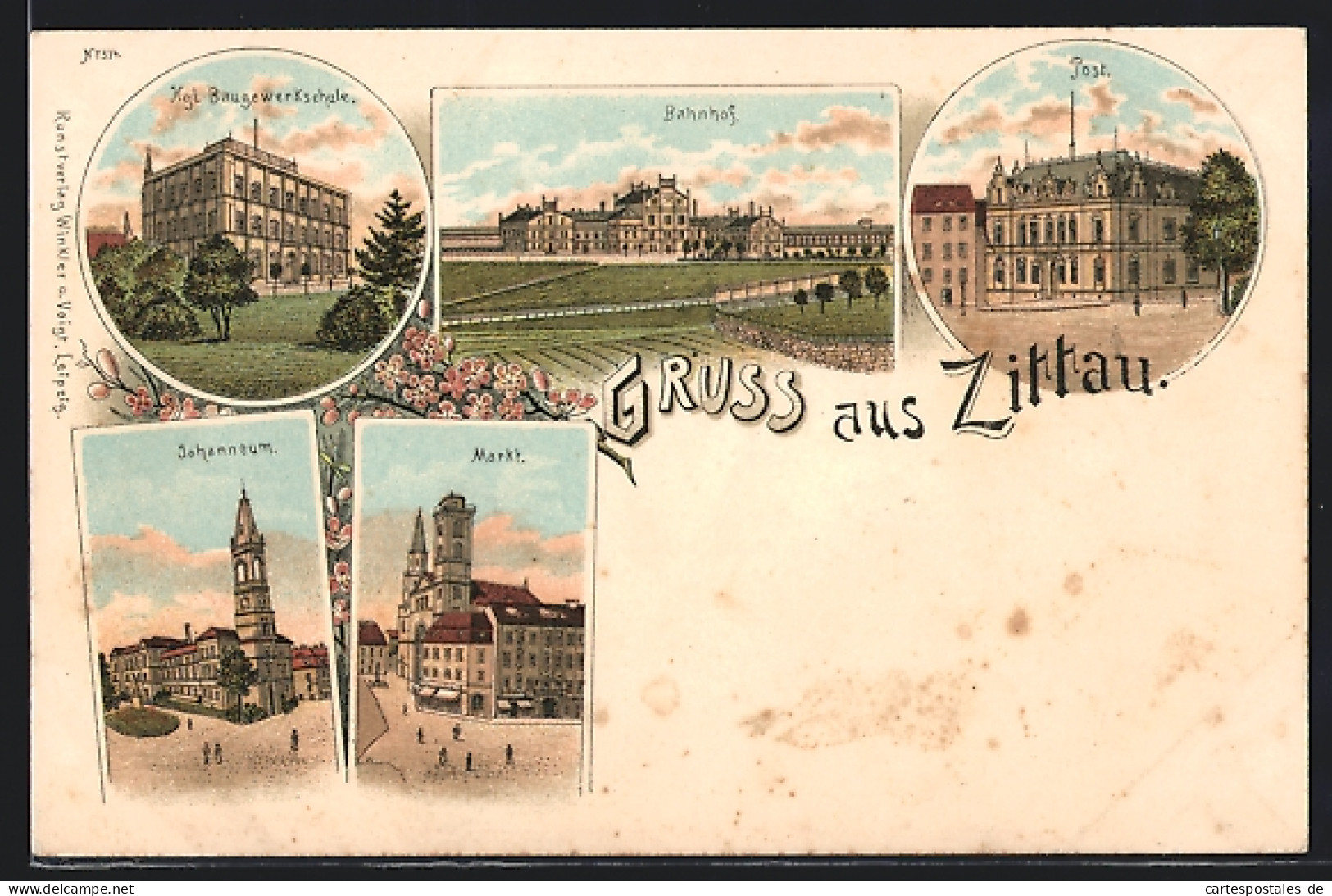 Lithographie Zittau, Bahnhof, Baugwerksschule, Post Und Johanneum  - Zittau