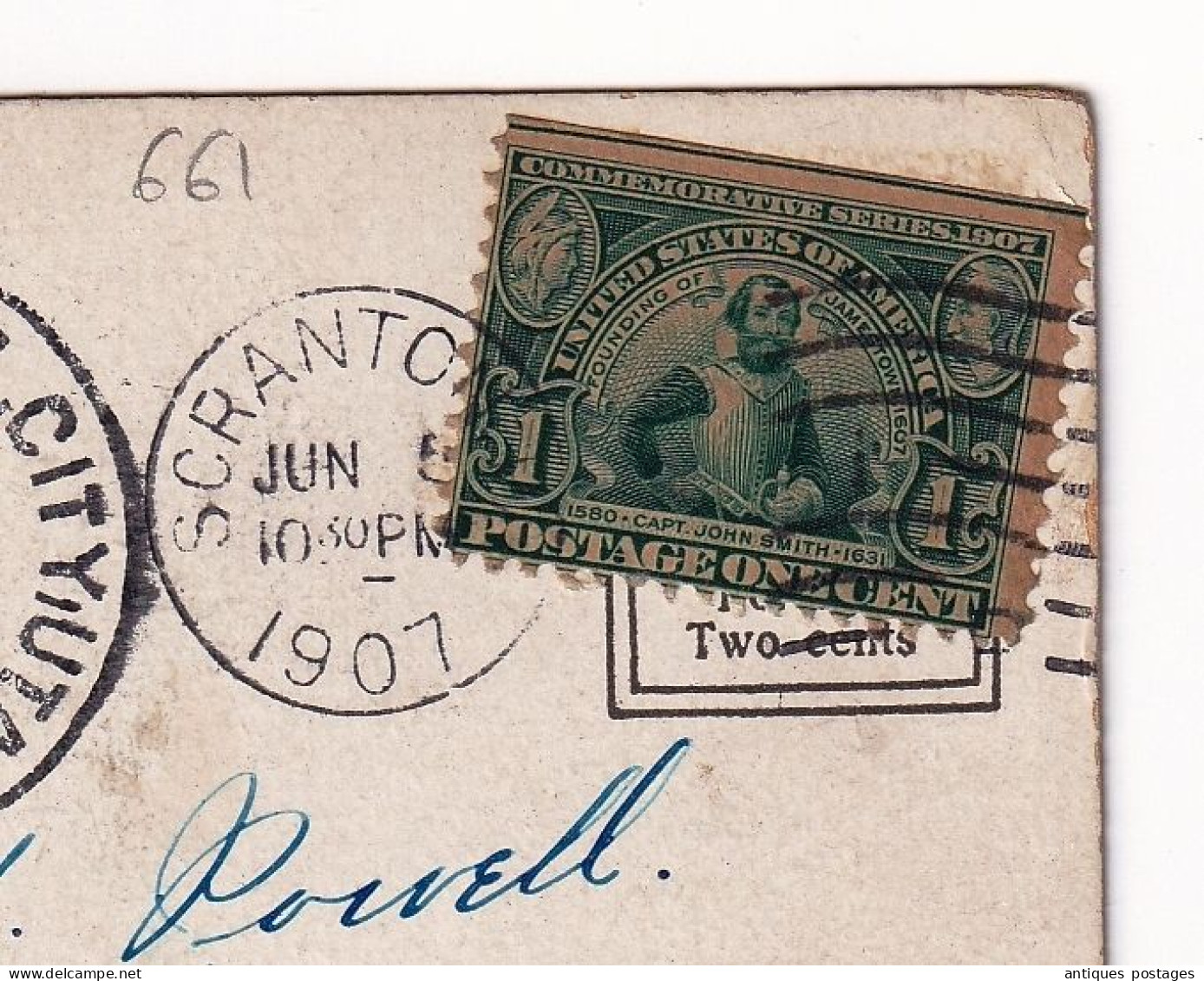 Post Card 1907 SCRANTON Pennsylvania USA Murray Utah Stamp Captain John Smith One Cent - Storia Postale