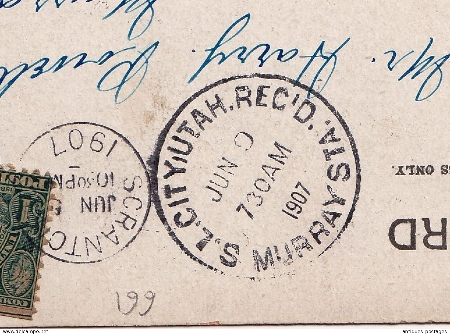 Post Card 1907 SCRANTON Pennsylvania USA Murray Utah Stamp Captain John Smith One Cent - Brieven En Documenten
