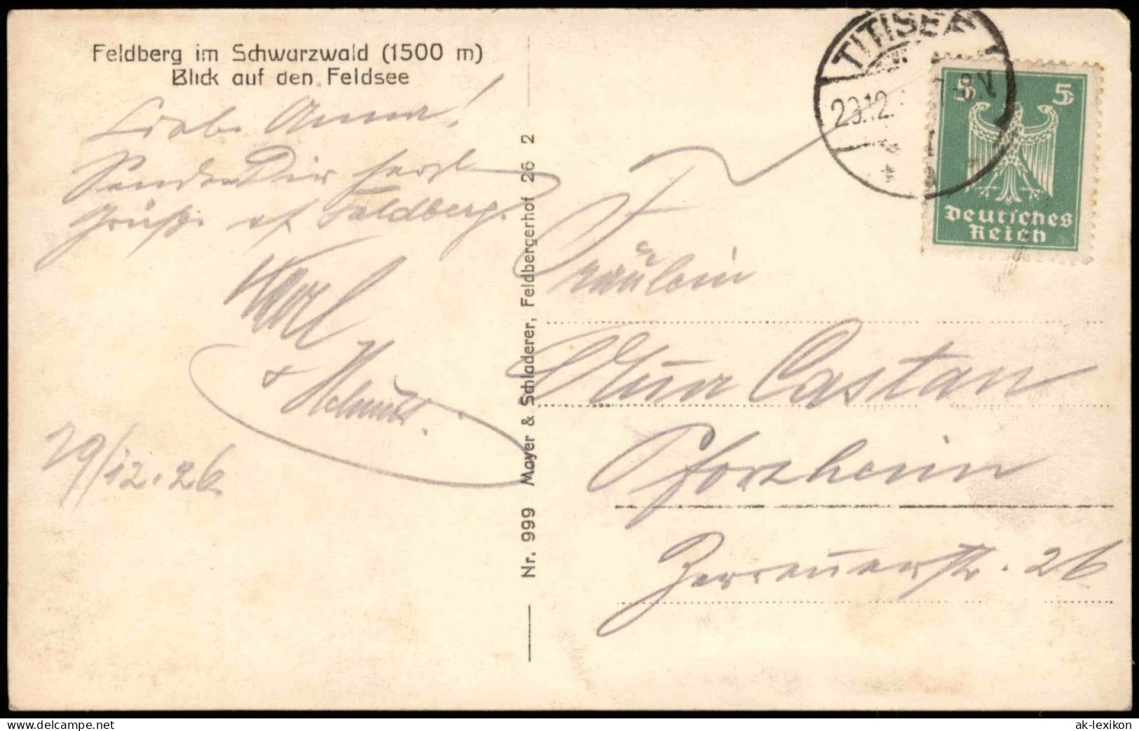 Ansichtskarte Feldberg (Schwarzwald)   Schwarzwald 1926  Gel. Stempel Titisee - Feldberg