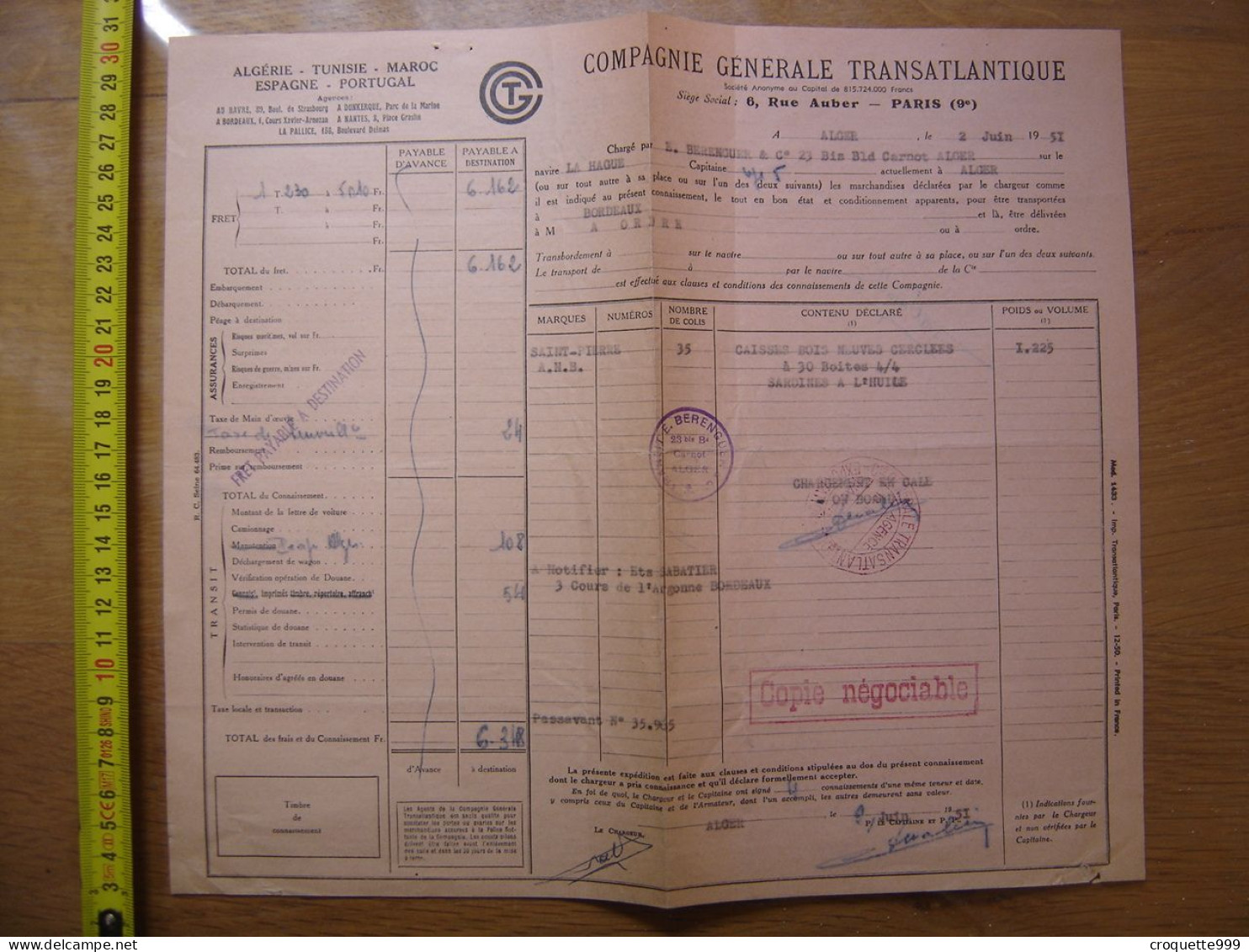 1951 Facture COMPAGNIE GENERALE TRANSATLANTIQUE Alger A Bordeaux SARDINES - Other & Unclassified