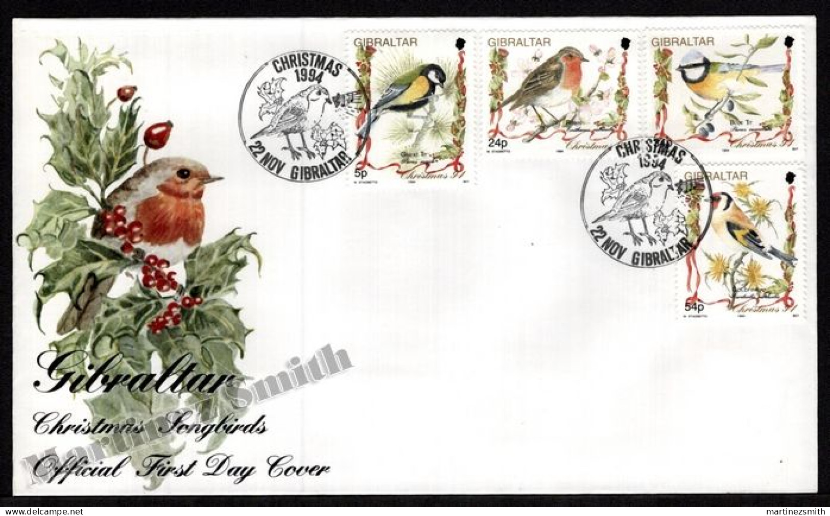 Gibraltar FDC 1994 Yvert 711-14, Christmas Songbirds, Fauna, Birds - Gibraltar