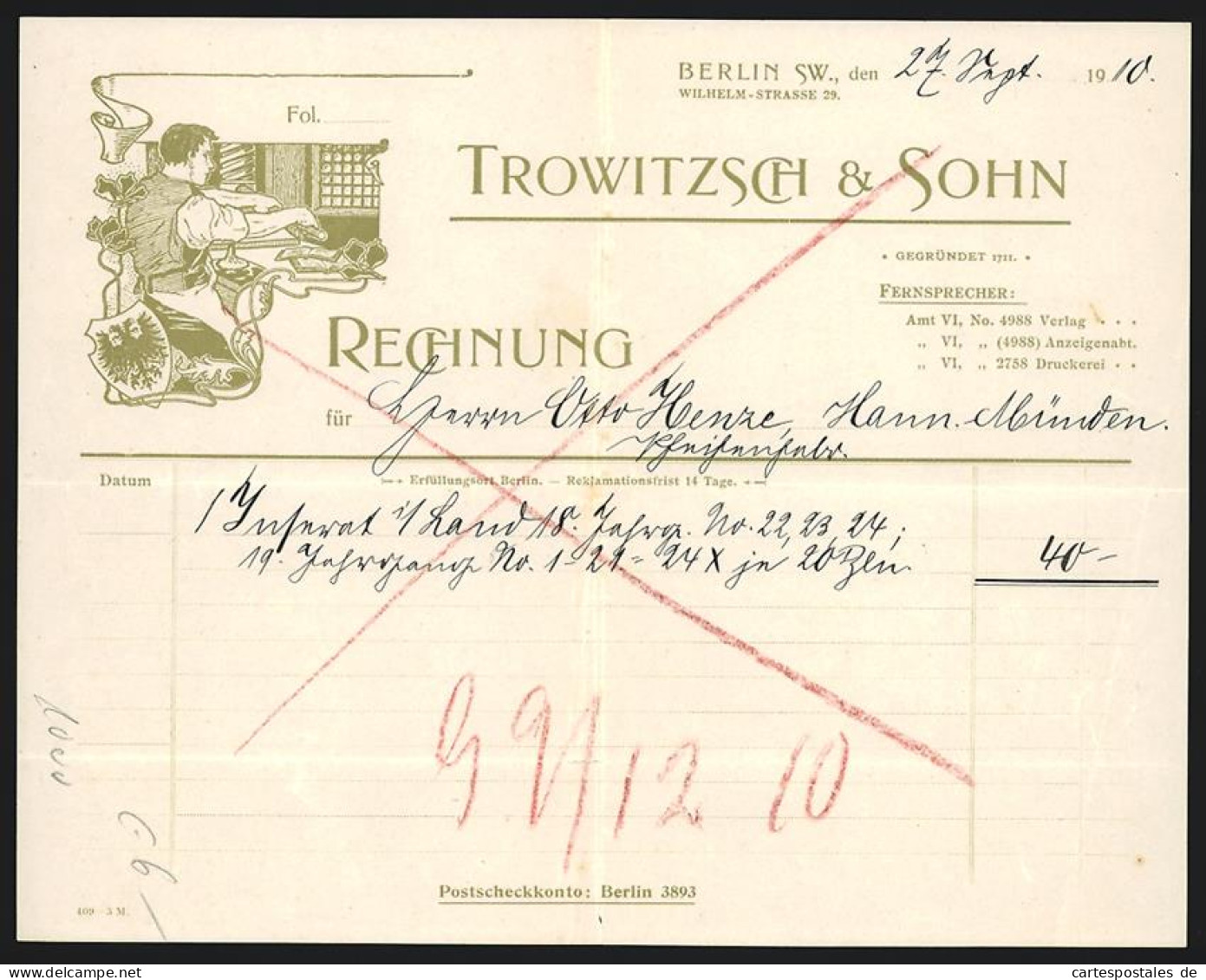 Rechnung Berlin 1910, Firma Trowitzsch & Sohn, Wilhelm-Strasse 29, Mann Bei Der Arbeit  - Altri & Non Classificati