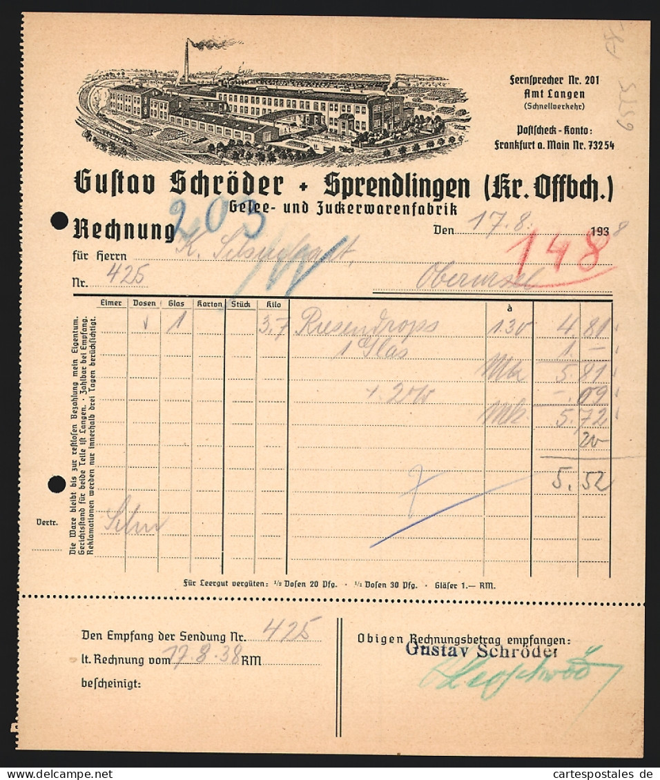 Rechnung Sprendlingen /Offbch. 1938, Gustav Schröder, Gelee- Und Zuckerwarenfabrik, Die Fabrik Mit Gleisanlage  - Altri & Non Classificati