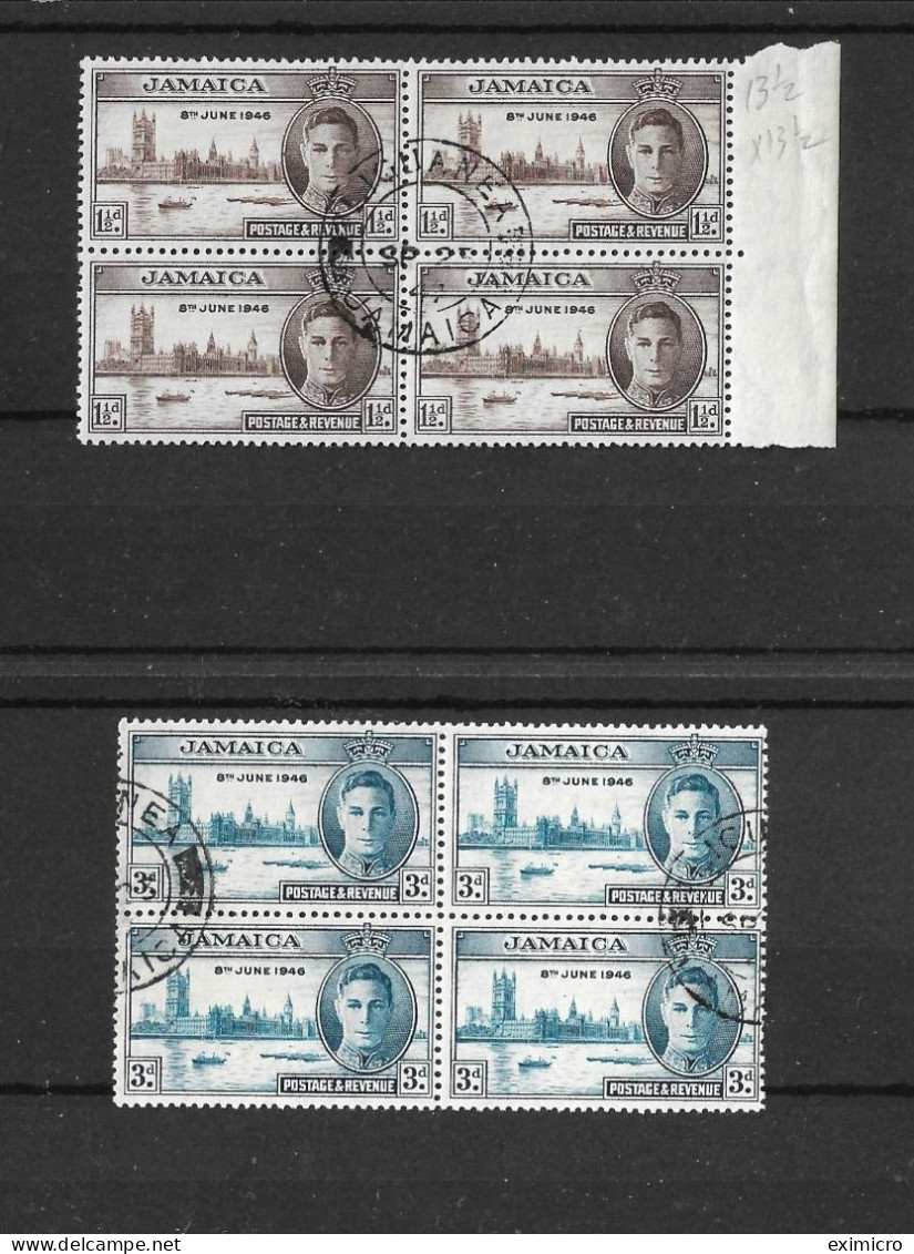 JAMAICA 1946 VICTORY SETS IN FINE USED BLOCKS OF 4 SCARCE PERF 13½ SG 141a/142a FINE USED Cat £54 - Giamaica (...-1961)