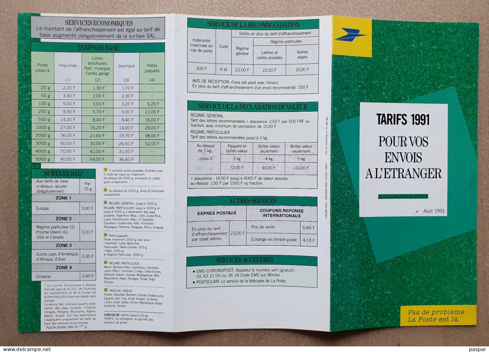 La Poste - Tarifs 1991 Envois à L'étranger - Août 1991 - Documents Of Postal Services