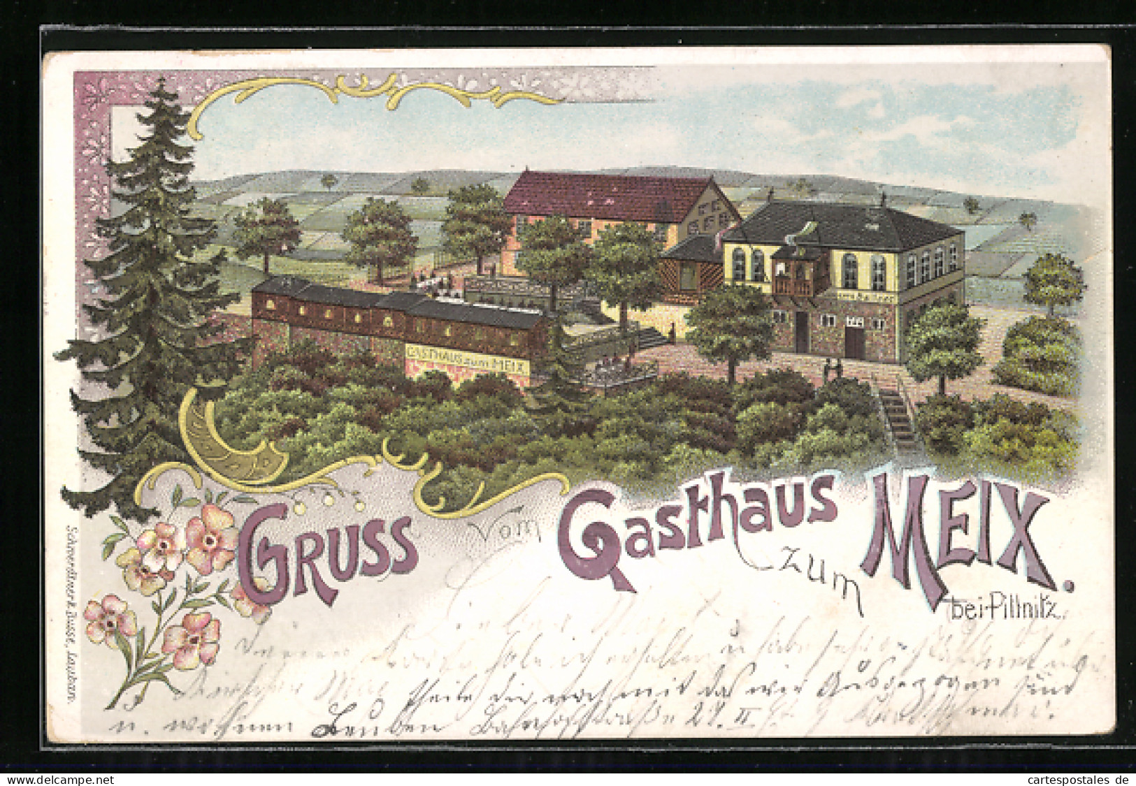 Lithographie Dresden-Pillnitz, Gasthaus Zum Meix Aus Der Vogelschau  - Pillnitz