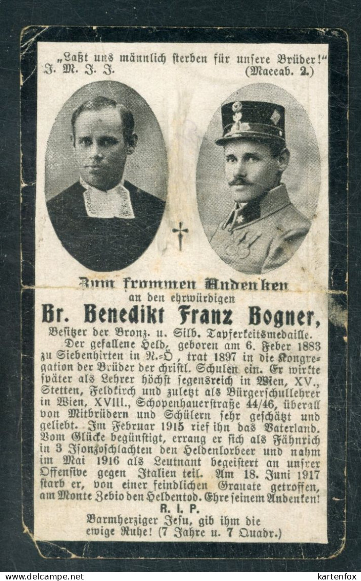 Sterbebild,Andenken,Bruder Benedikt,18.6.1917, Monte Zebio, Fähnrich,Isonzo, Wien-Siebenhirten 1883 Geboren - 1914-18