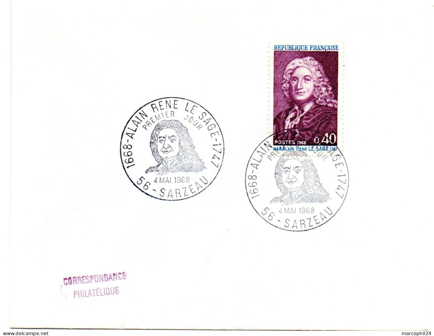 ECRIVAIN / LE SAGE = 56 SARZEAU 1968 = CACHET PREMIER JOUR FDC N° 1558 =  '  ALAIN RENE LE SAGE ' - 1960-1969