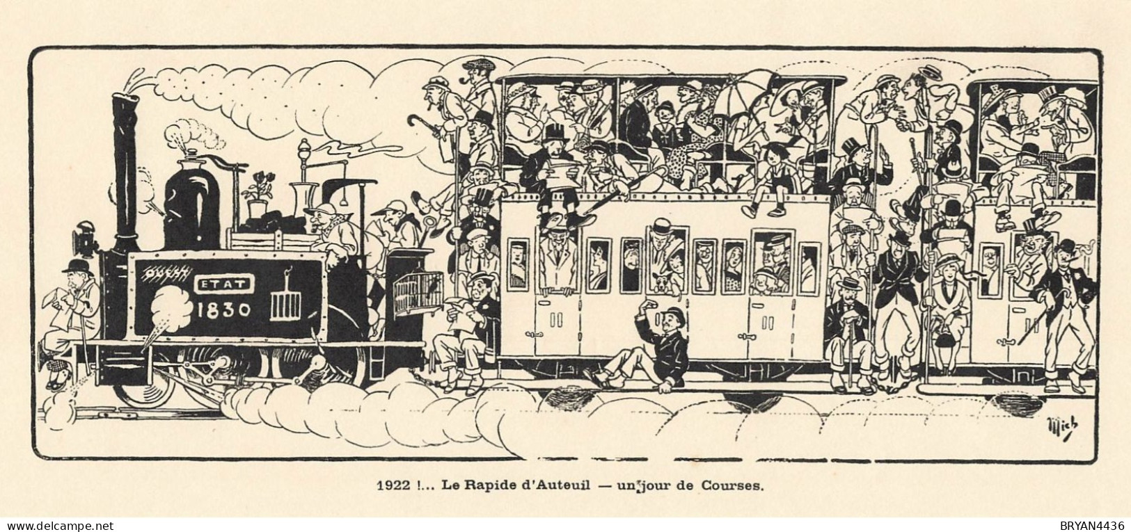 MICH - ILLUSTRATEUR - 1922 - Le RAPIDE D' AUTEUIL - JOUR De COURSES - TIRAGE IMPRIME D' EPOQUE - DOS VIERGE  - (12x26cm) - Mich