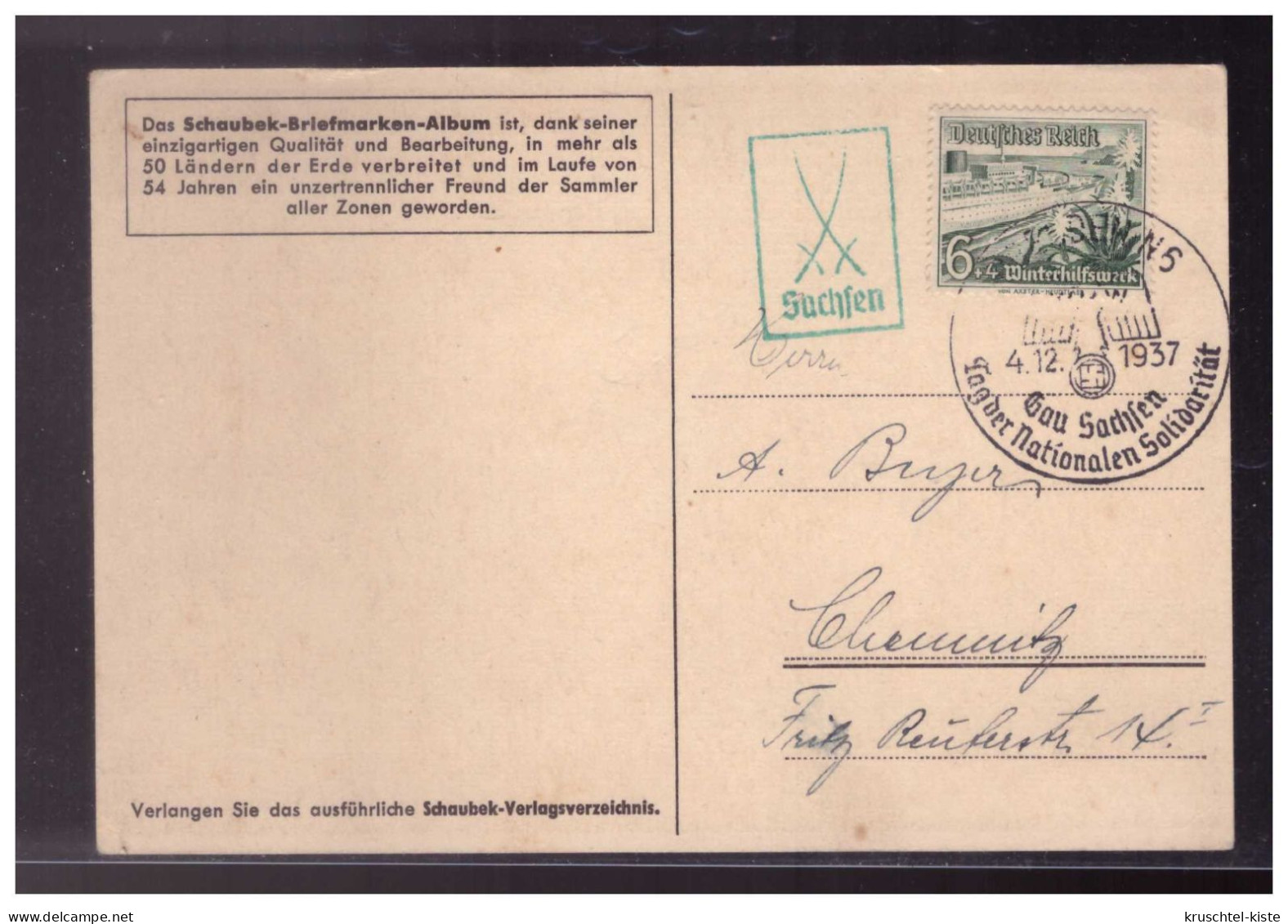 Dt- Reich (024198) Postkarte, Schaubek Briefmarken- Alben Verkaufsstellen In Allen Weltteilen, Gestempelt SST 4.12.1937 - Covers & Documents