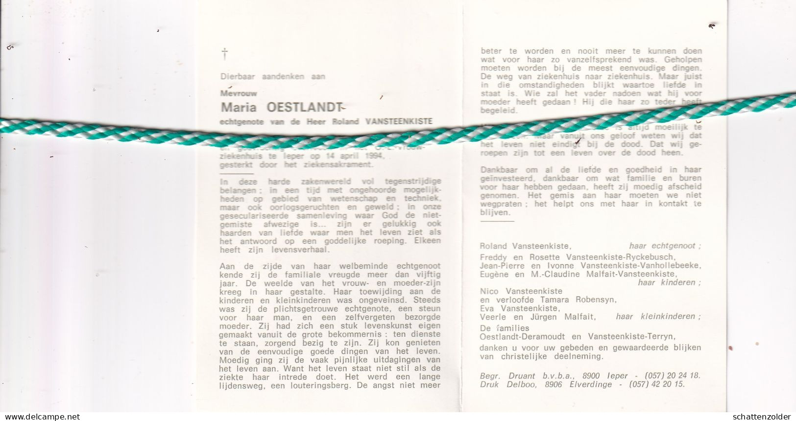 Maria Oestlandt-Vansteenkiste, Elverdinge 1921, Ieper 1994. - Obituary Notices