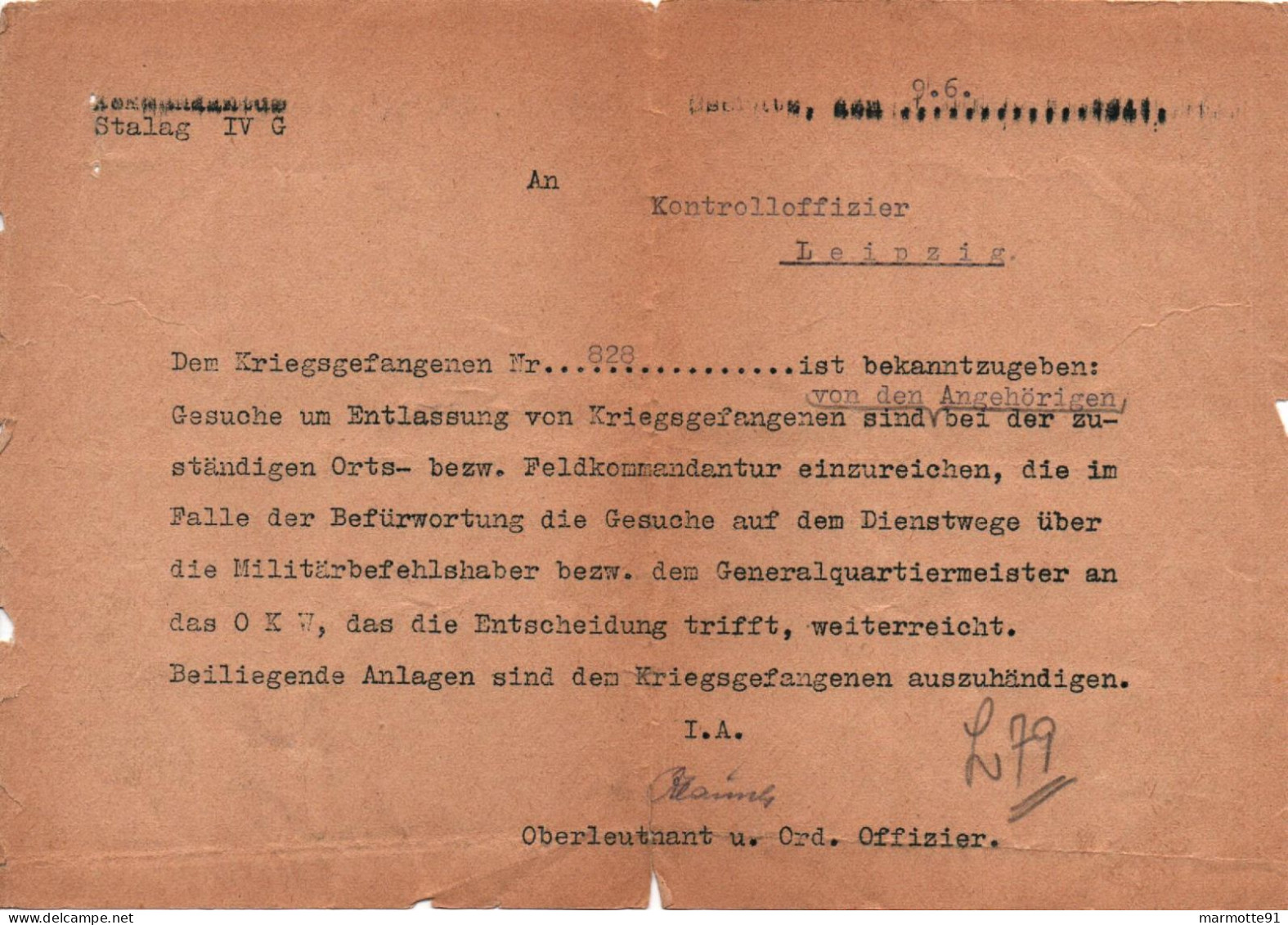 DOCUMENT LIBERATION PRISONNIER GUERRE FRANCAIS STALAG IVG OSCHATZ 1941 KG CAMP - 1939-45