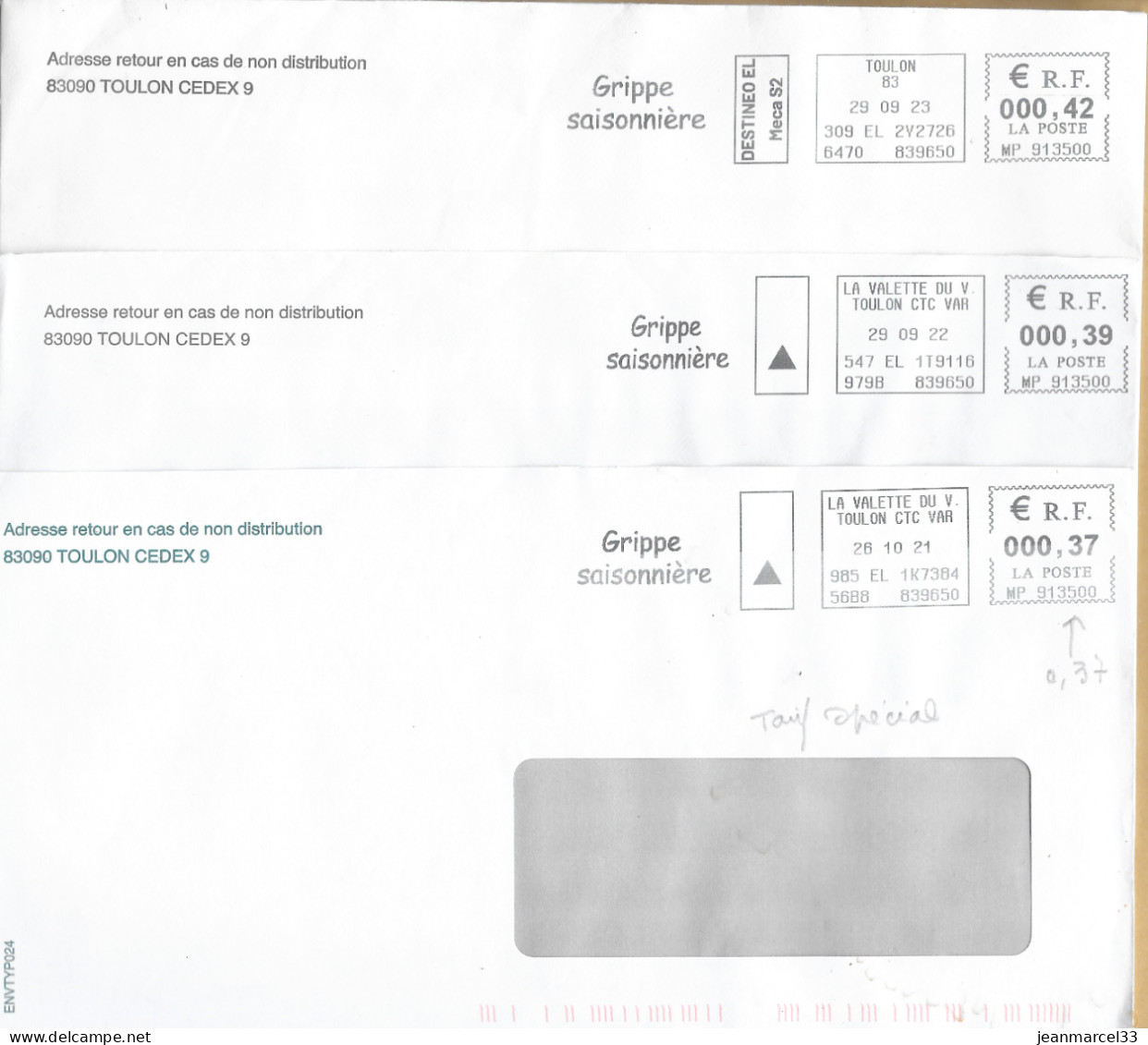 EMA De La Valette Du Var GRIPPE SAISONNIERE Tarif Spécial 0,37 En 2021-0,39 En 2022 Et 0,42 En 2023 - Posttarieven