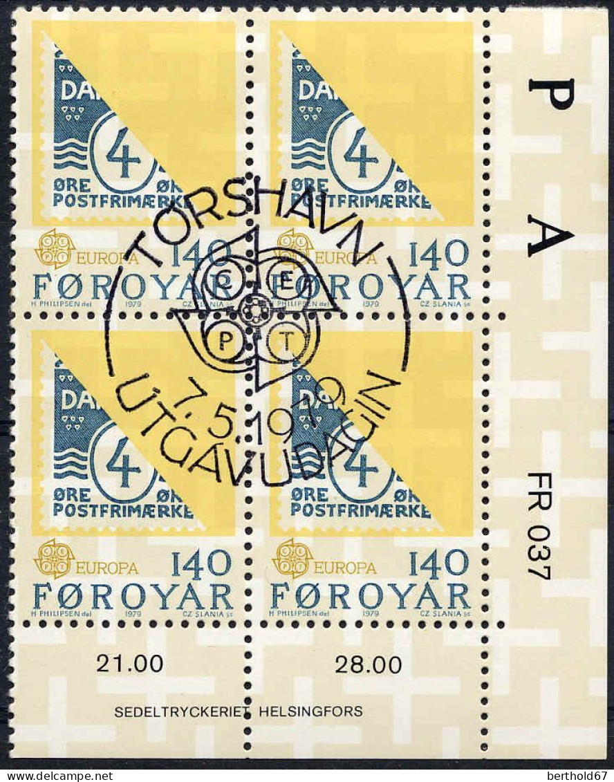 Feroe Poste Obl Yv: 37/38 Europa Cept Histoire Postale Bloc De 4 CdF Torshaven 7-5-79 (TB Cachet à Date) - Faroe Islands