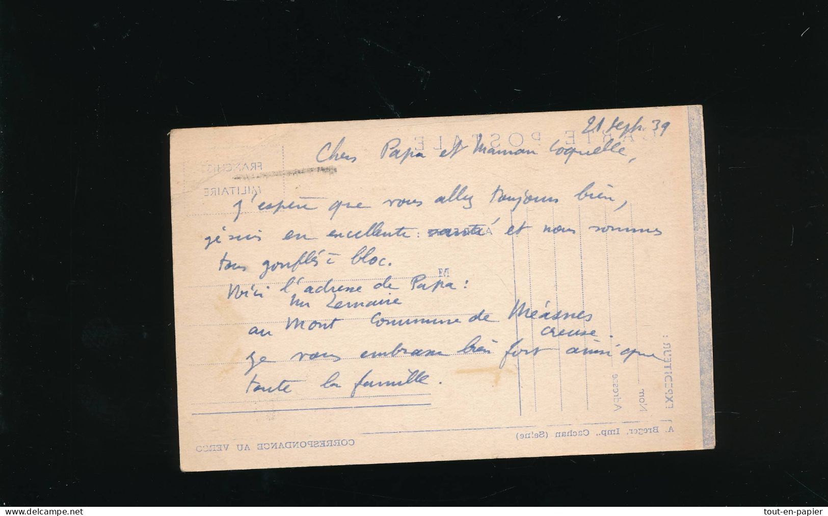 CPA Carte Postale  Franchise Militaire F.M.  4° RI 32° Compagnie De Sens Yonne  à Tergnier Aisne écrite 1939 - Guerre 1939-45