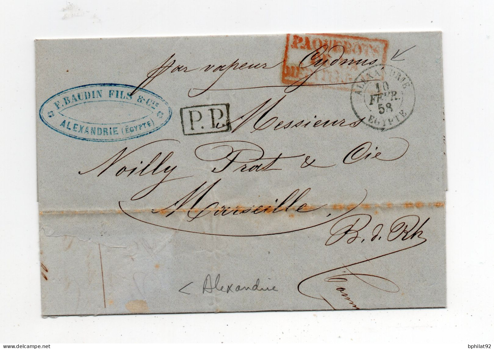 !!! LETTRE D'ALEXANDRIE POUR MARSEILLE DE 1858, CACHET PAQUEBOT DE LA MEDITERRANEE, AVEC TEXTE - Maritieme Post