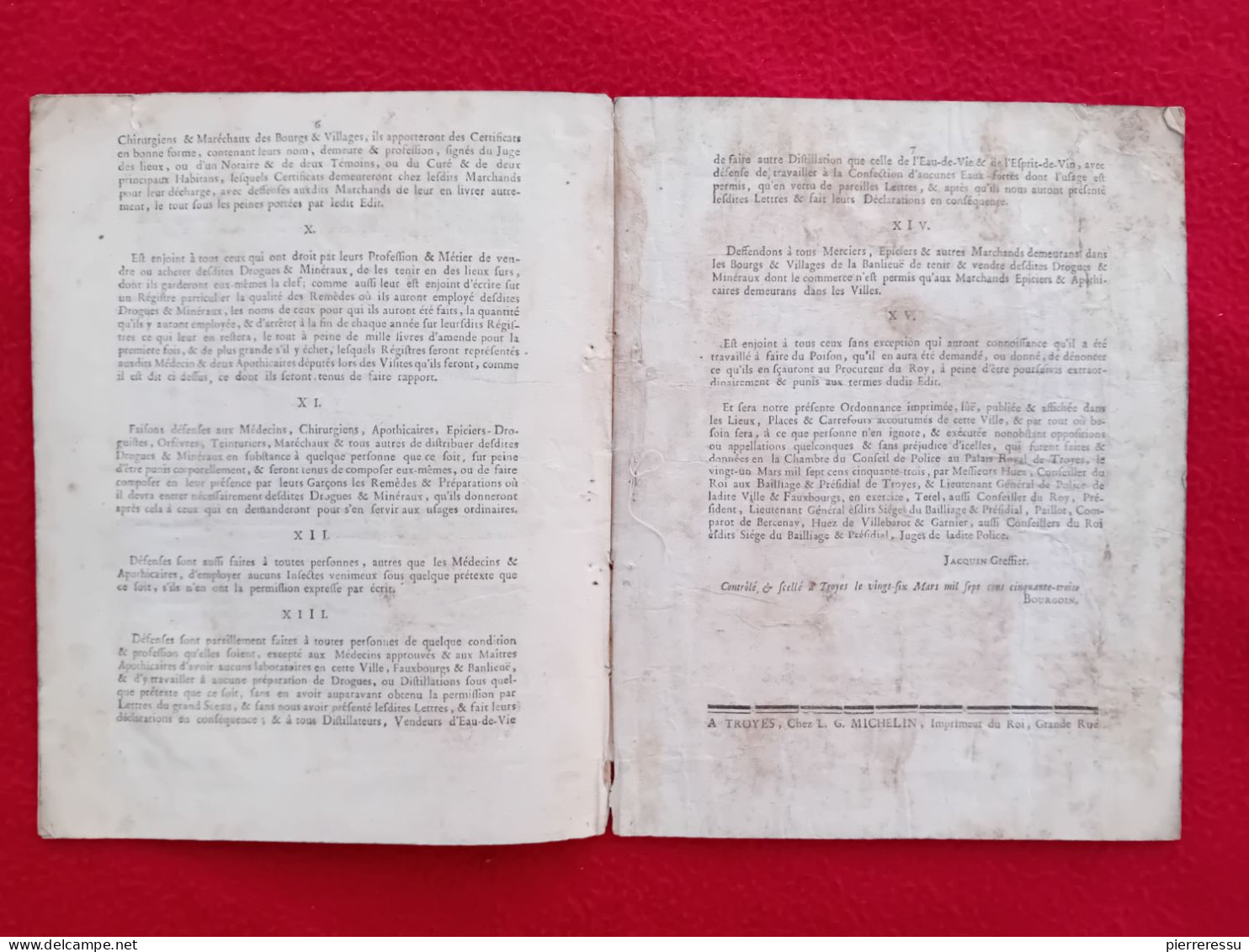 ORDONNANCE DE POLICE CONCERNANT LA DISTRIBUTION DES DROGUES ET POISONS TROYES 1753 MAITRES APOTHICAIRES REMEDES - Gesetze & Erlasse