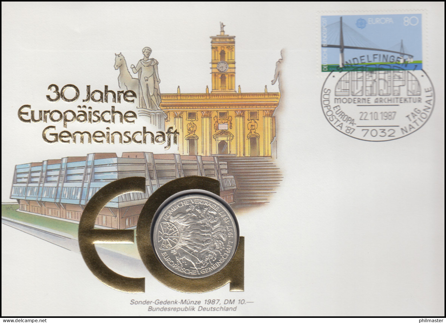 Numisbrief Europäische Gemeinschaft, 10 DM / 80 Pf., SST Sindelfingen 22.10.1987 - Enveloppes Numismatiques
