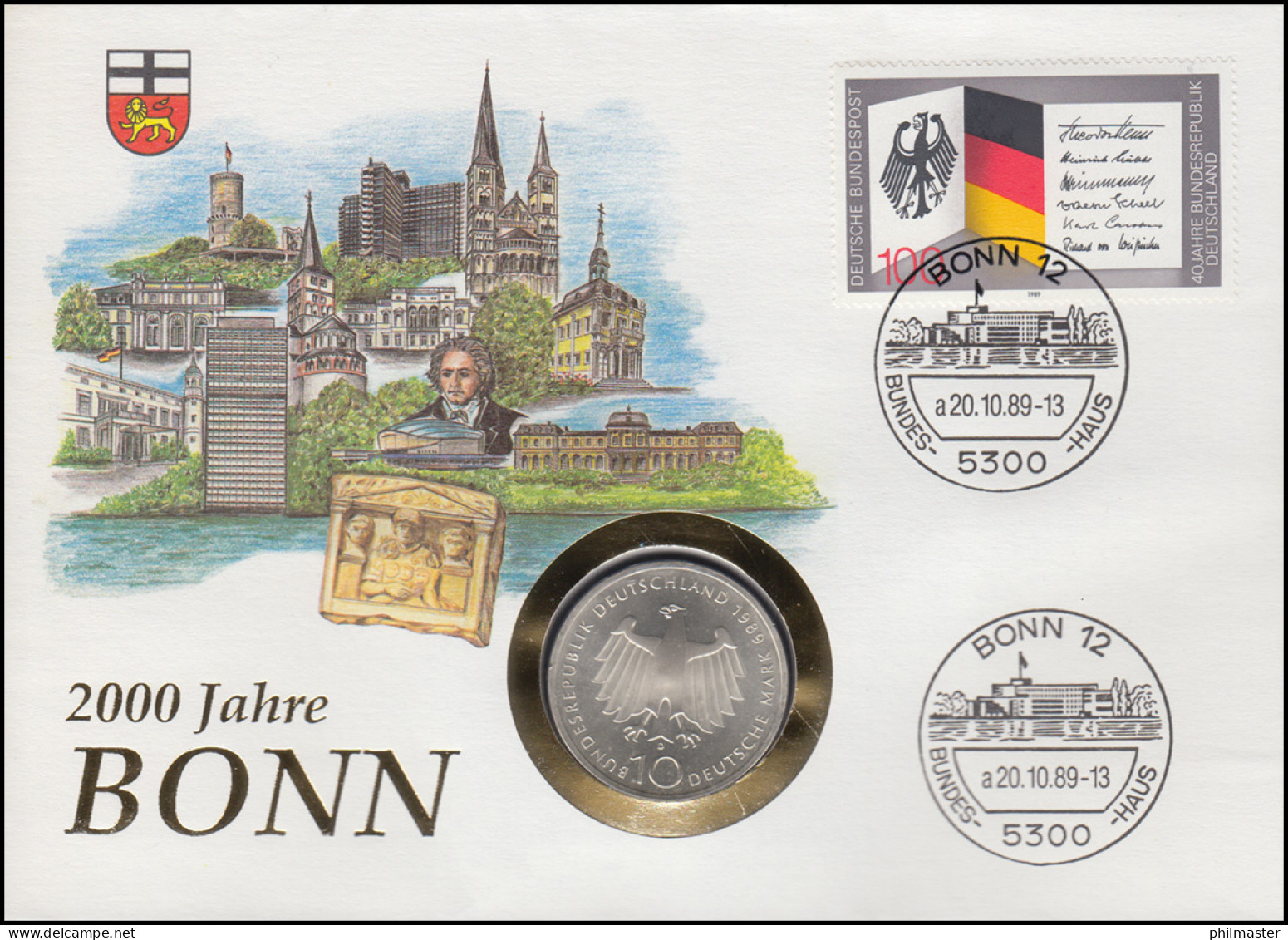 Numisbrief 2000 Jahre Bonn, 10 DM / 100 Pf., ESST Bonn 20.10.1989 - Numismatische Enveloppen