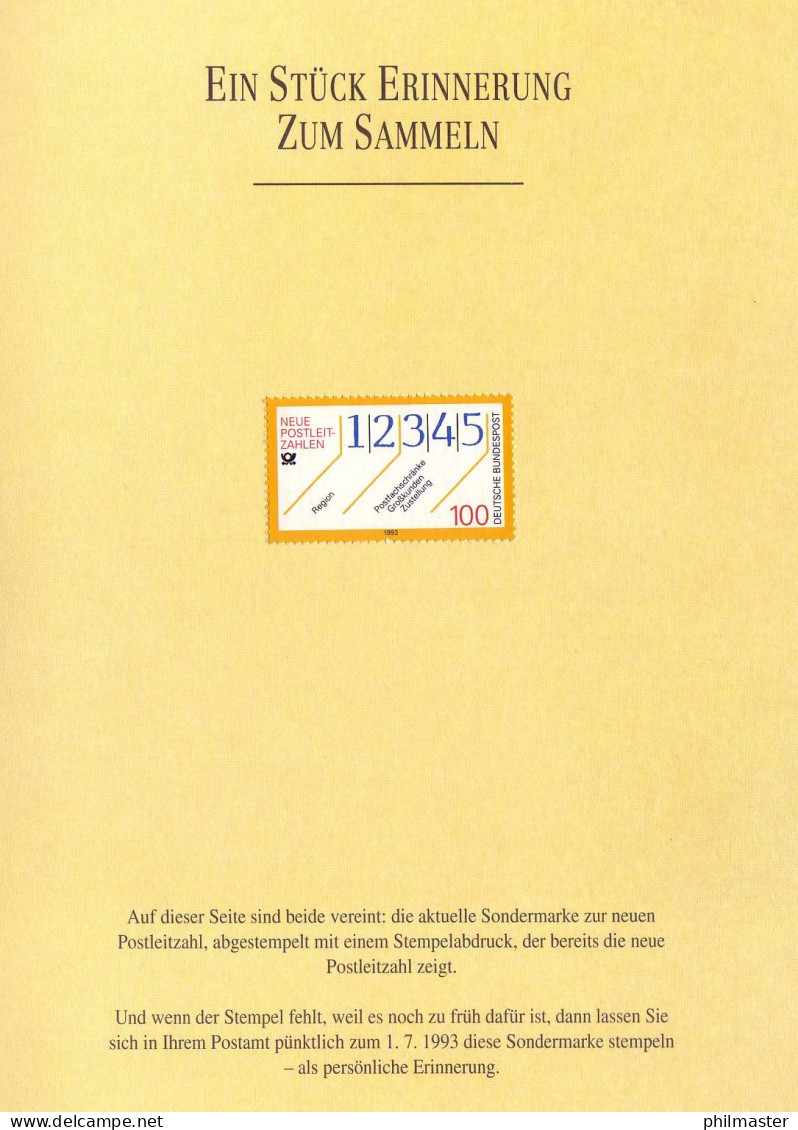 Erinnerungsblatt Neue Postleitzahlen 1993: PLZ-Marke Ohne Entwertung - Errors & Oddities