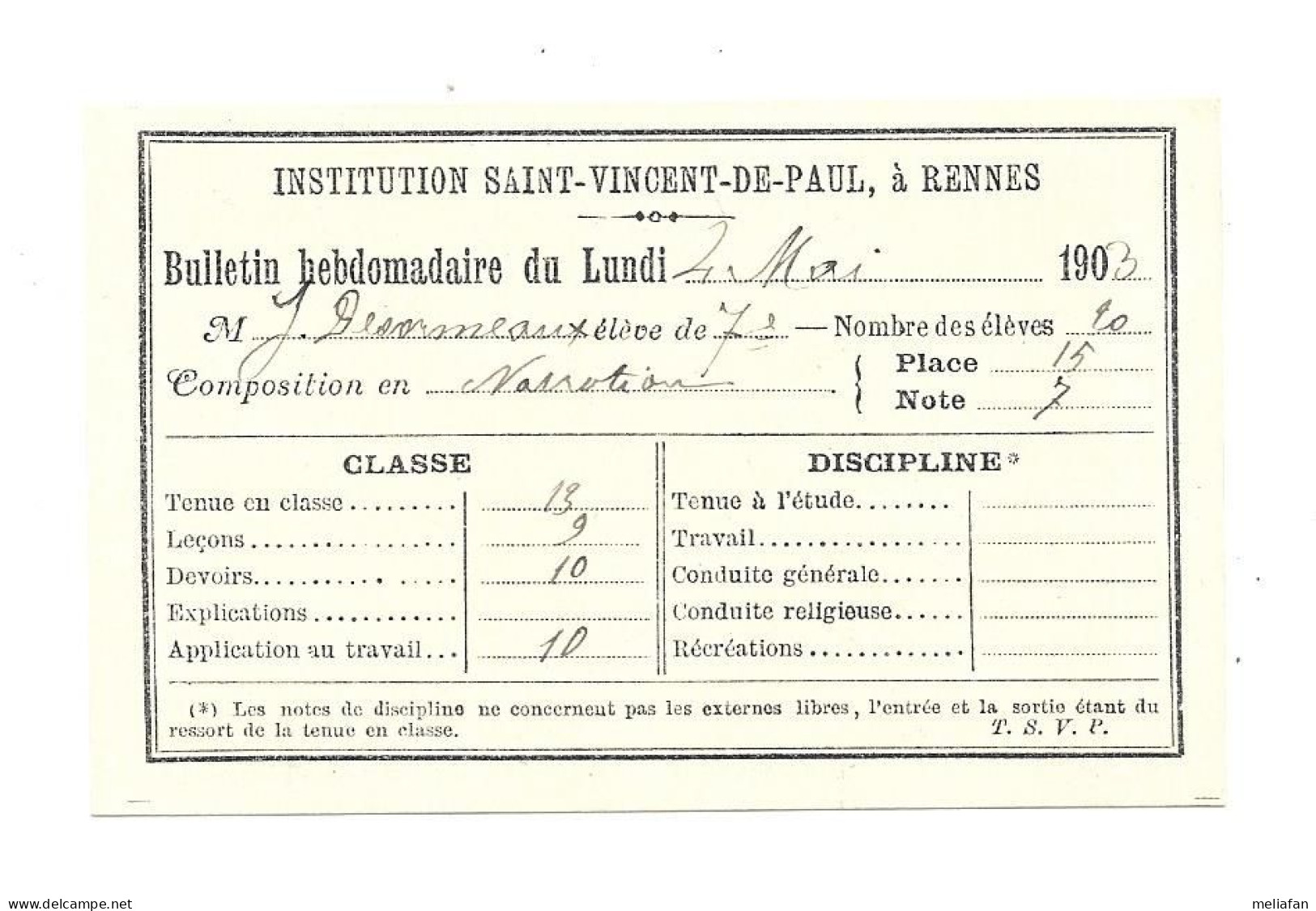 KB2102 - BULLETIN HEBDOMADAIRE INSTITUT SAINT VINCENT DE PAUL RENNES 1903 - DESORMEAUX - Diploma's En Schoolrapporten