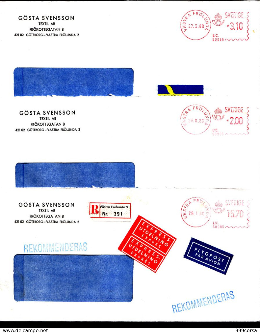 Svezia, Gosta Svensson Textil AB, Vastra Frolunda, 5 Tariffe, Tessili,a.m.,ema,meter,freistempel (abcDZ) (7 Buste,3 Scan - Timbres De Distributeurs [ATM]