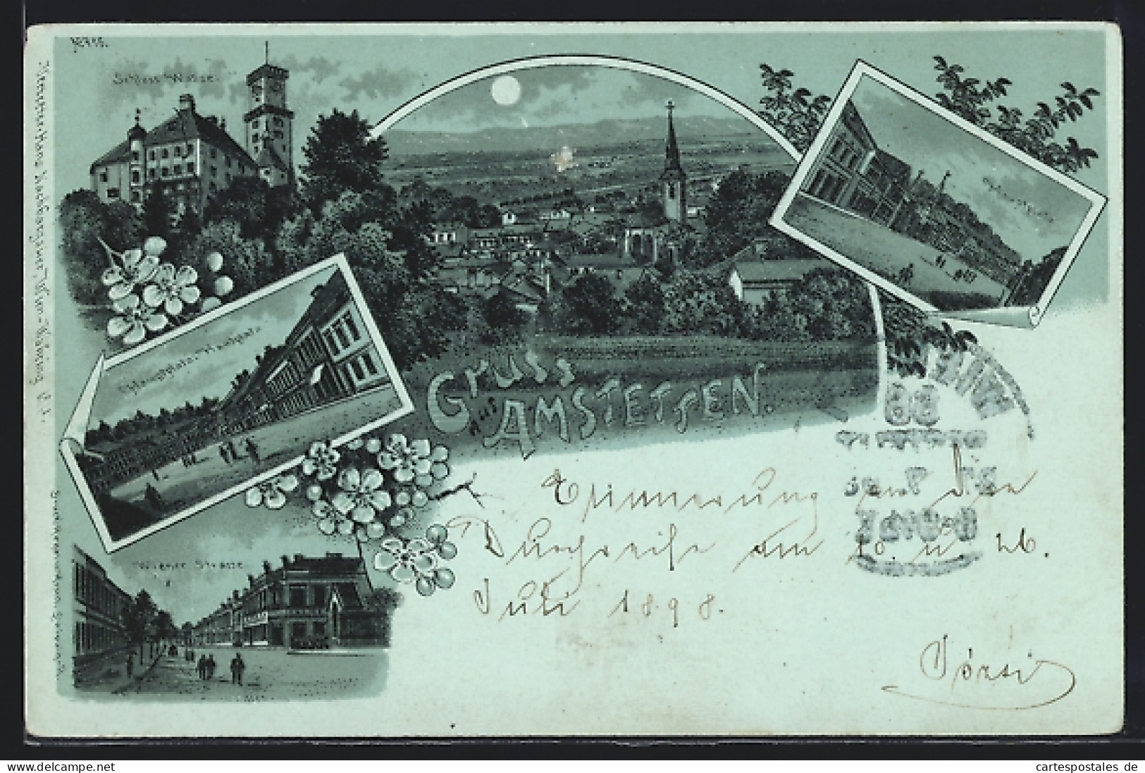 Mondschein-Lithographie Amstetten, Schloss Wallse, Hauptplatz, Wiener Strasse  - Andere & Zonder Classificatie