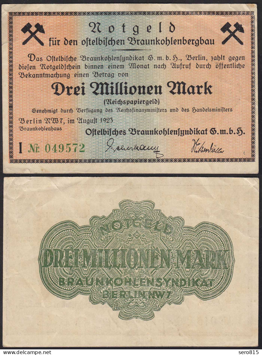 Ostelbischen Braunkohlenbergbau 3-Millionen Mark 1923 Notgeld Reichspapiergeld - Otros & Sin Clasificación