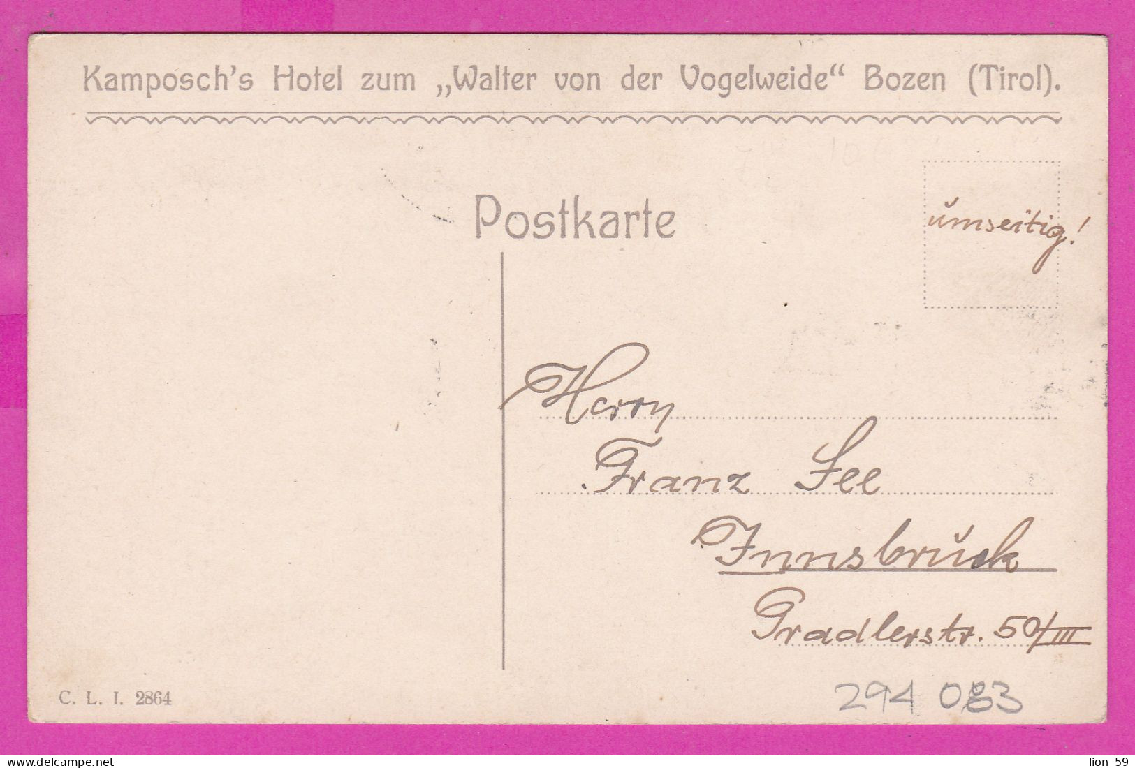 294083 / Italy - ROSENGARLEN , KAMPOSCH'S HOTEL ZUM " WALTER VON DER VOGELWEIDE" BOZEN (TIROL) PC 190. USED - Marcophilia