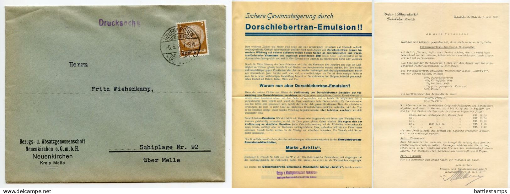 Germany 1936 Cover & Adverts; Neuenkirchen (Kr. Melle) - Bezugs- U. Absatzgenossenschaft To Schiplage; 3pf. Hindenburg - Brieven En Documenten