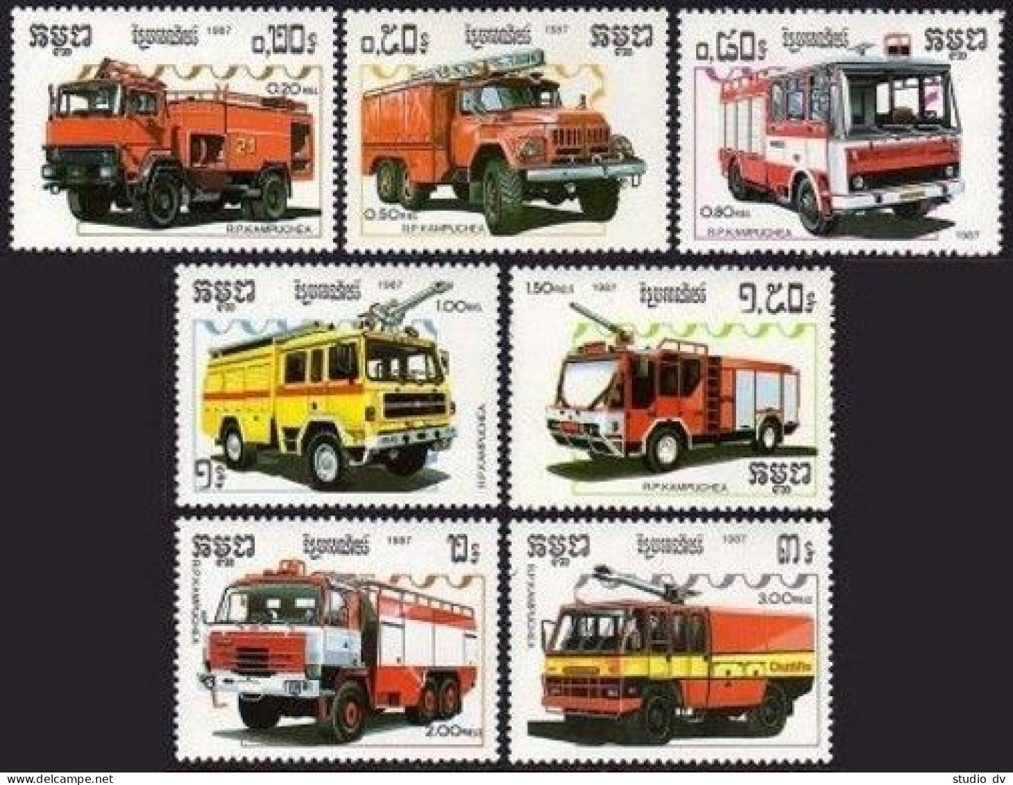 Cambodia 823-829,MNH.Michel 901-907. Fire Trucks 1987. - Cambodja
