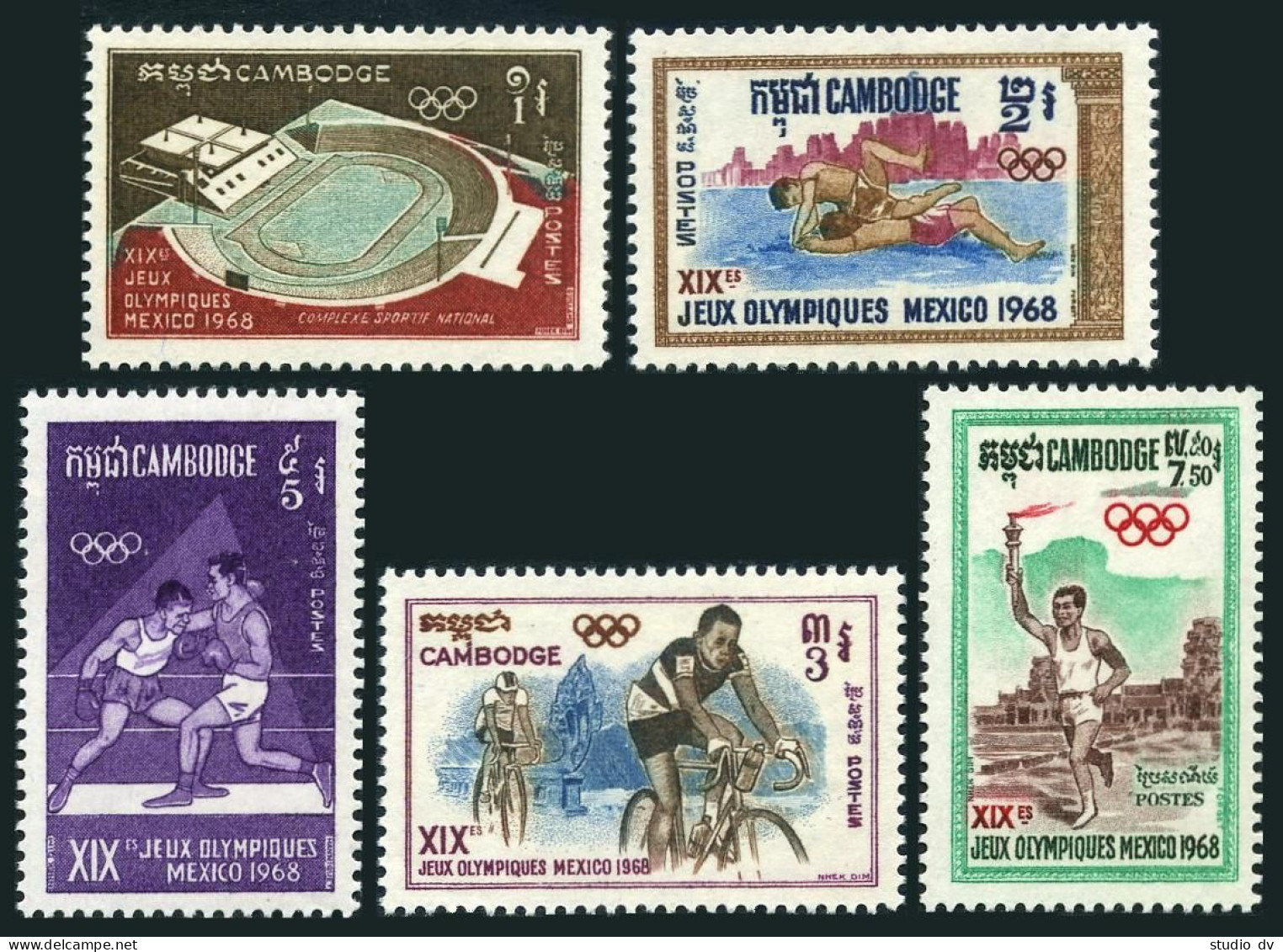 Cambodia 193-197, MNH. Mi 236-240. Olympic Mexico-1968. Stadium,Wrestling,Boxing - Kambodscha