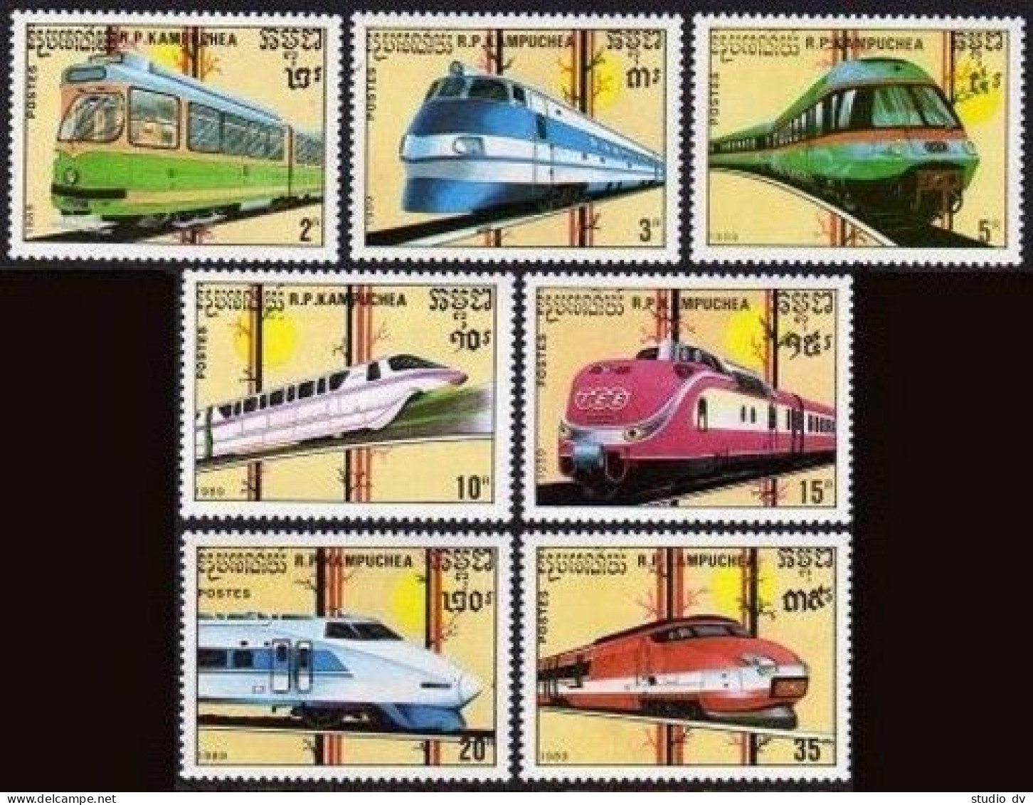 Cambodia 929-935,936,MNH.Michel 1007-1013,Bl.163. Trains,Locomotives 1989. - Cambodge