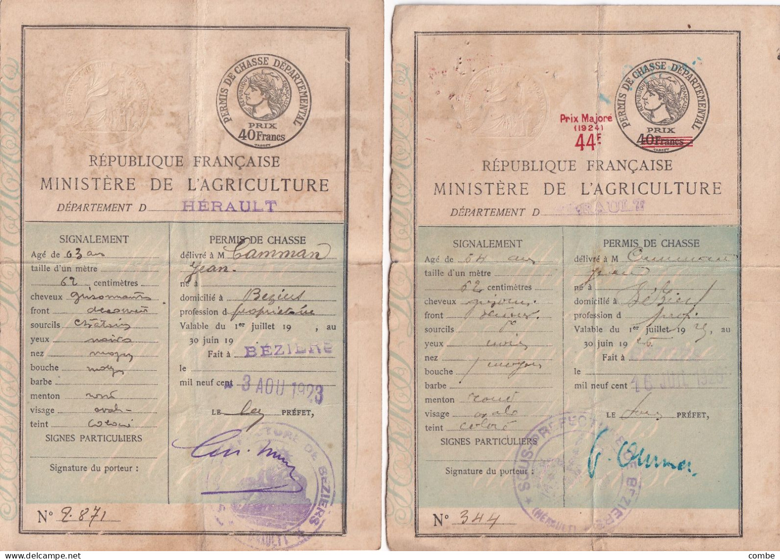 2 PERMIS DE CHASSER. 1923 -1925. HERAULT. BEZIERS - Documenti Storici