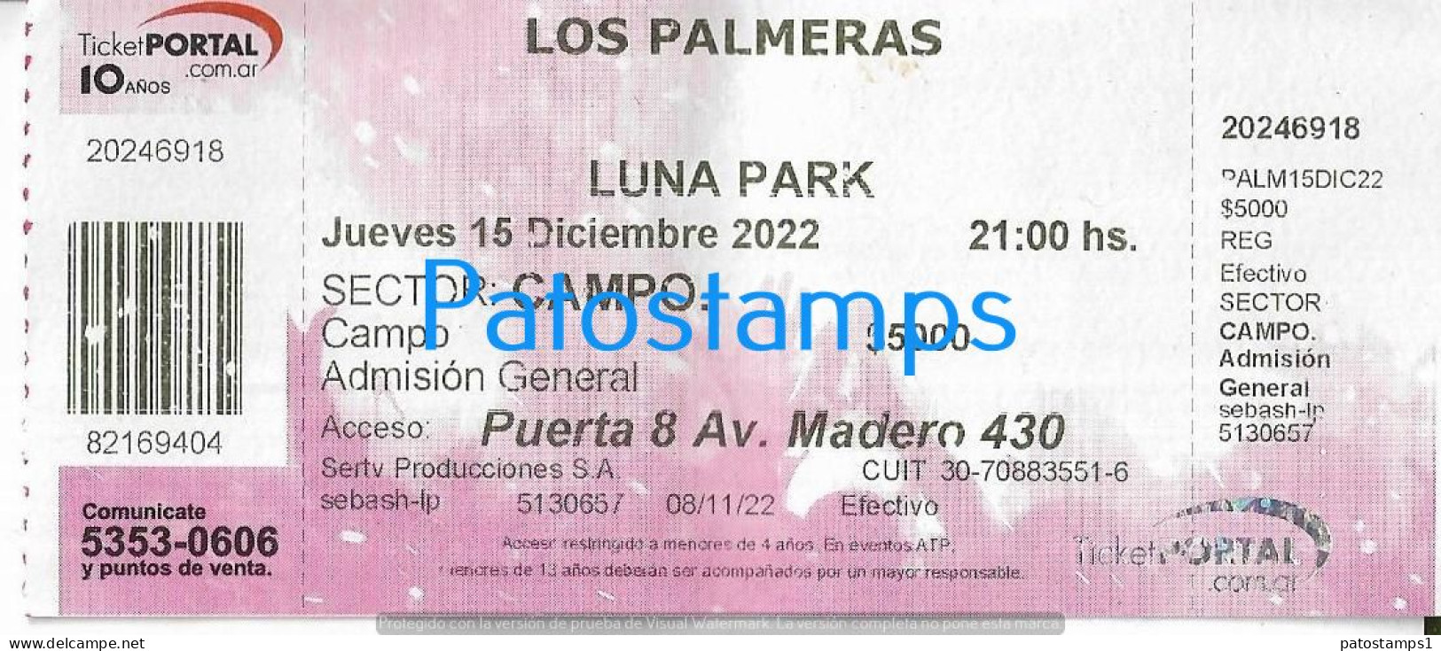 228822 ARTIST LOS PALMERAS ARGENTINA CUMBIA IN LUNA PARK AÑO 2022 ENTRADA TICKET NO POSTAL POSTCARD - Tickets D'entrée