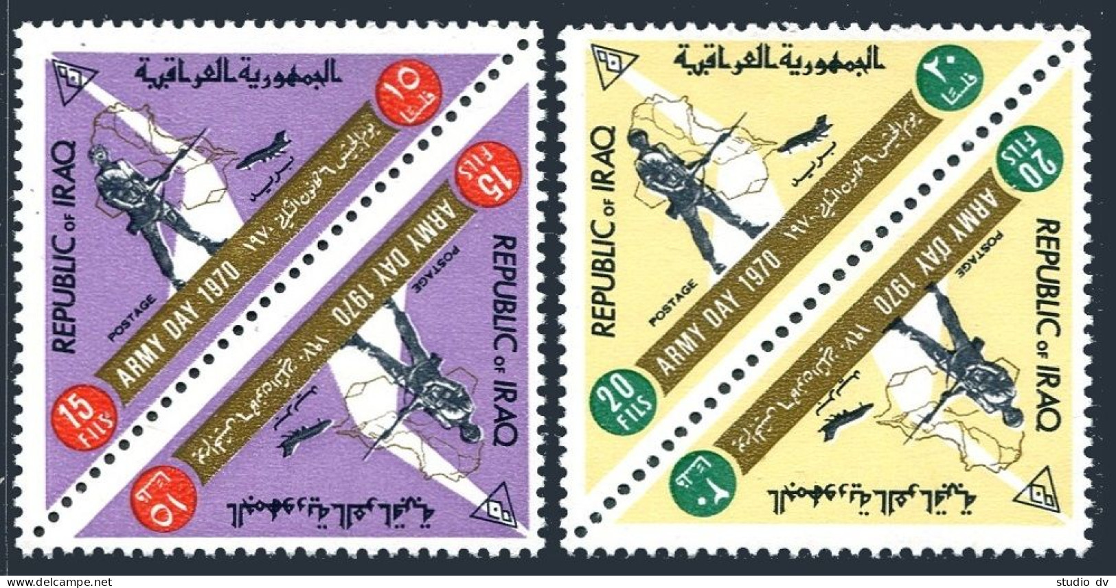 Iraq 522-523 Tete-beche, MNH. Michel 585-586. Army Day 1970. Soldier, Map,Plane. - Irak