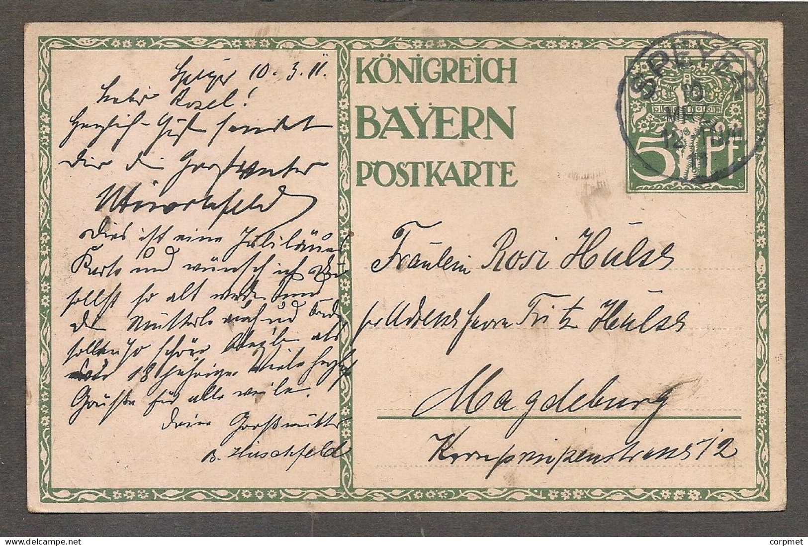 DEUTSCHLAND GERMANY KONIGREICH BAYERN POSTKARTE 1821-1911 - ILLUSTRATEUR DIEZ POSTKARTE - Vf SPEYER To MAGDEBURG 10/3/11 - Covers & Documents