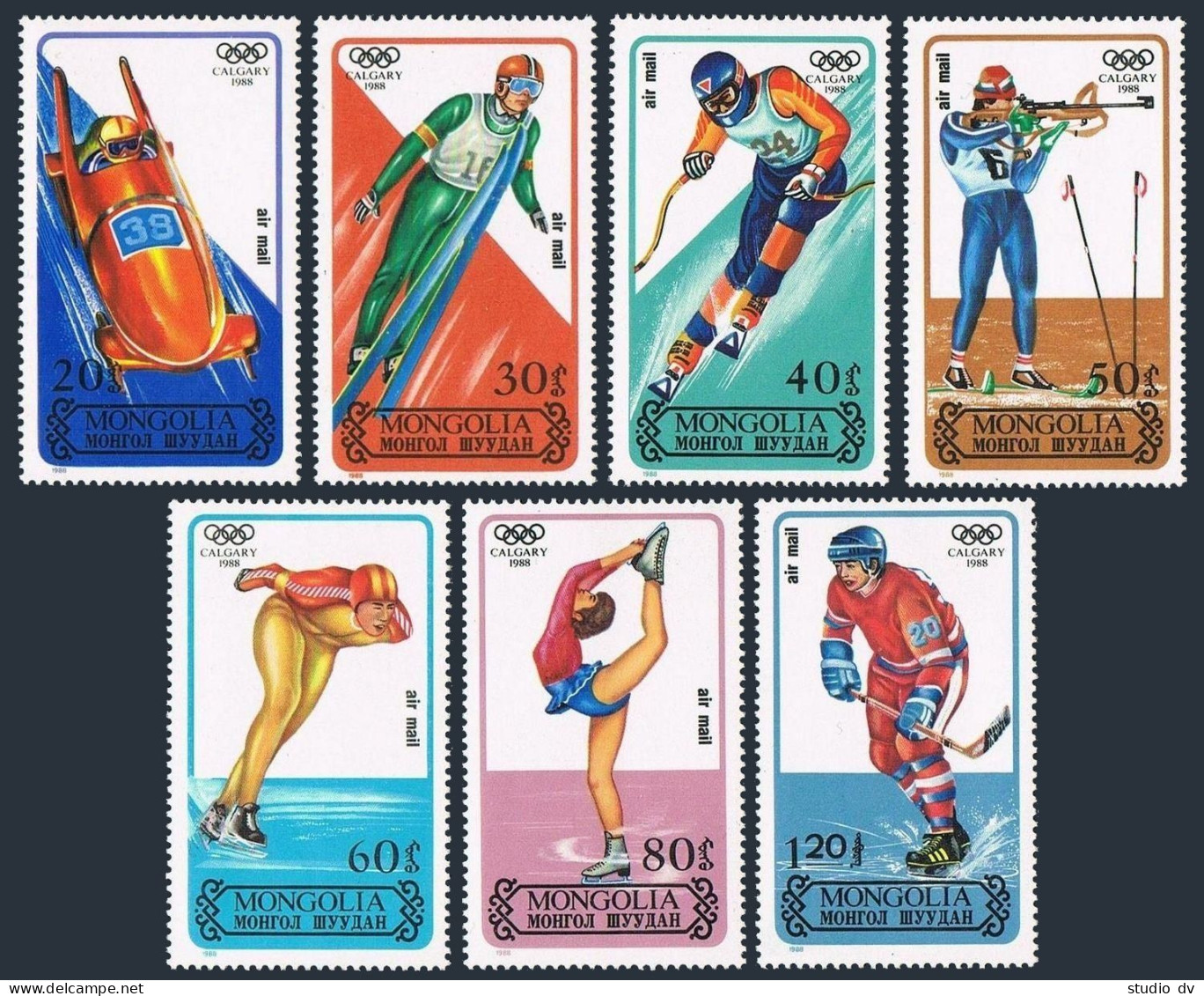 Mongolia C181-C188, MNH. Mi 1939-1945, Bl.126. Olympics Calgary-1988.Hockey,Ski, - Mongolia