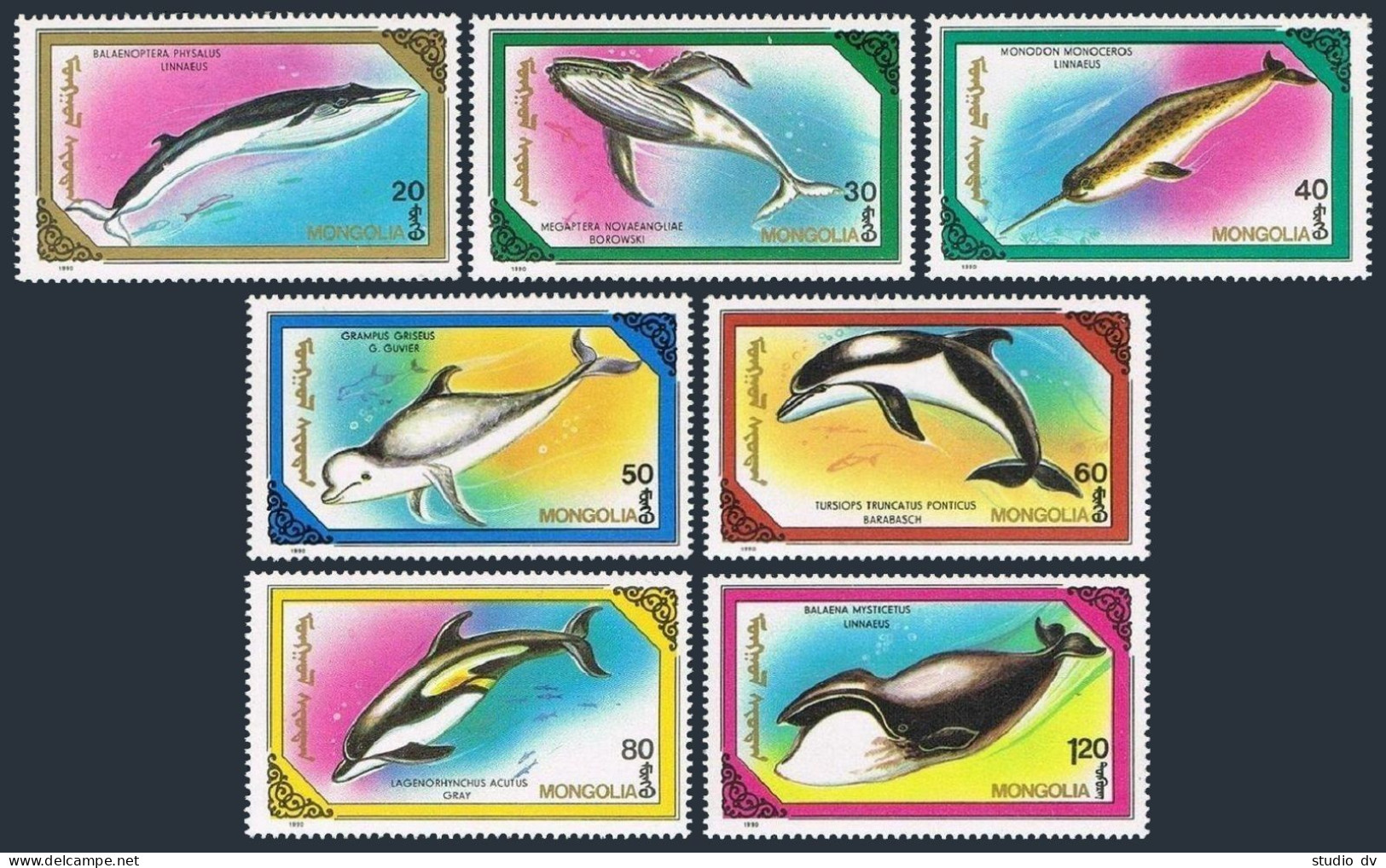 Mongolia 1855-1861,1861A,MNH.Michel 2141-2147,Bl.150. Marine Mammals,1990.Whales - Mongolië