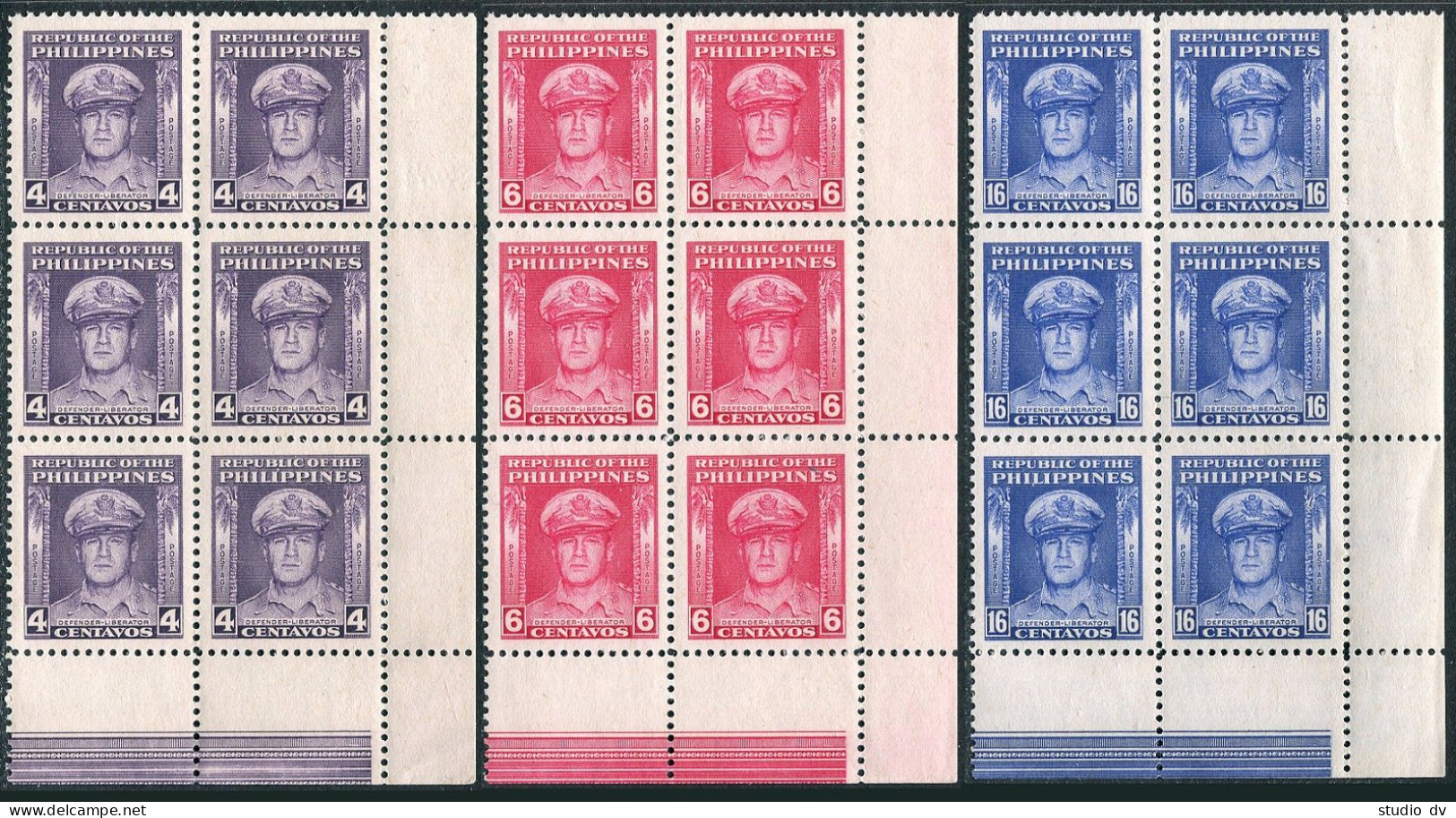 Philippines 519-521 Blocks/4, MNH. Mi 480-482. General Douglas MacArthur, 1948. - Filippine